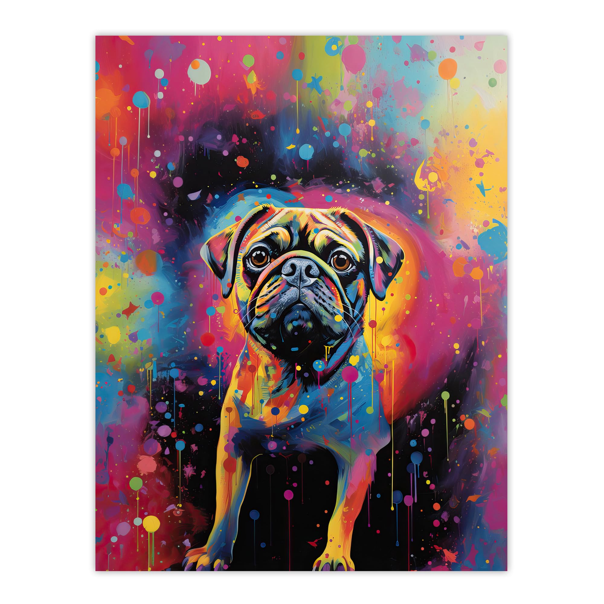 Artery8 Pug Dog Lover Gift Pet Portrait Colourful Neon Artwork Painting Large Wall Art Poster Print Thick Paper 18X24 Inch