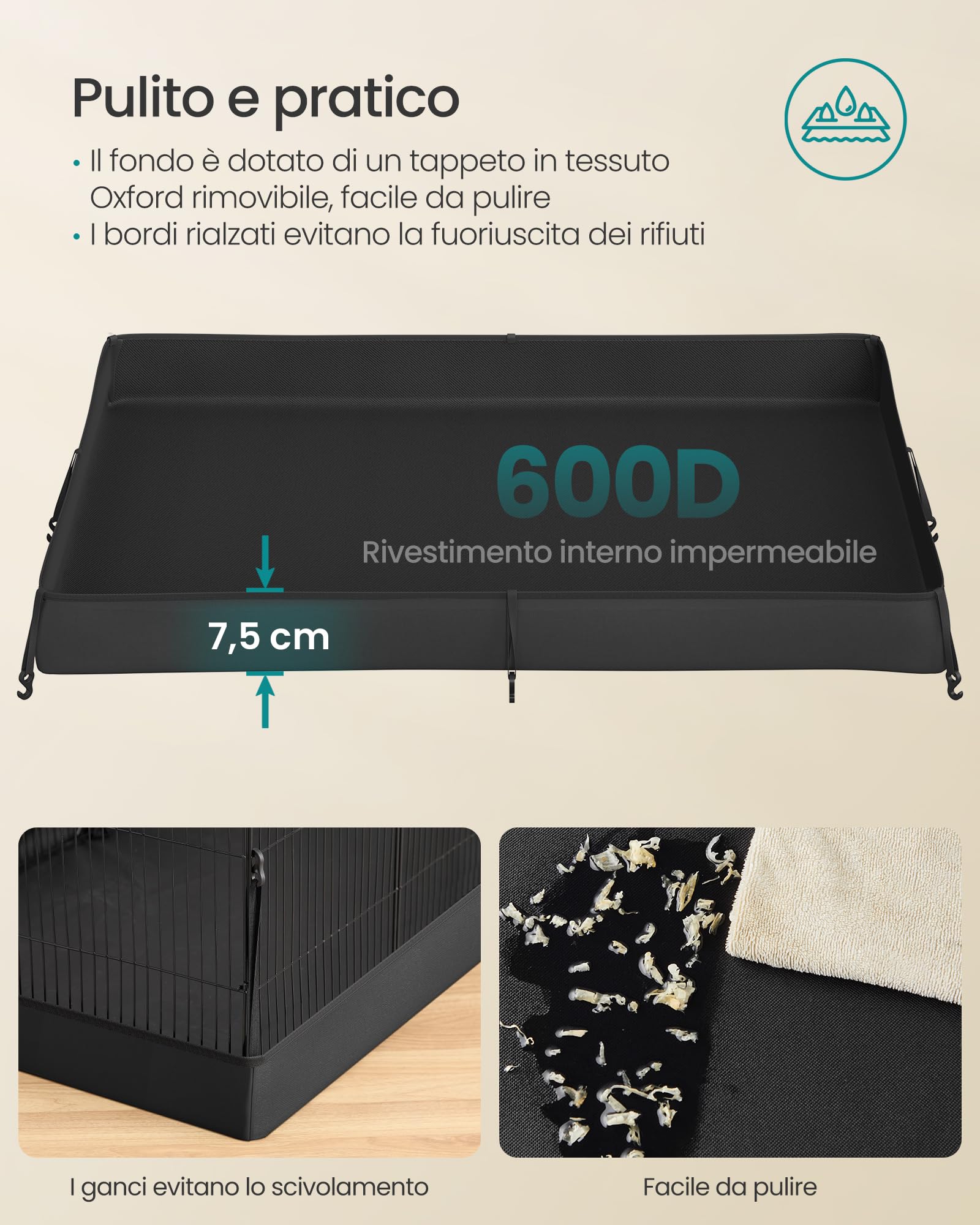 SONGMICS Recinto per Piccoli Animali a 2 Livelli, Parco Recinzione, Tappetino Impermeabile, Doppia Porta, per Conigli, Porcellini d’India, 35 Pannelli, 93 x 63 x 61,5 cm, Nero Inchiostro LPI016BH01