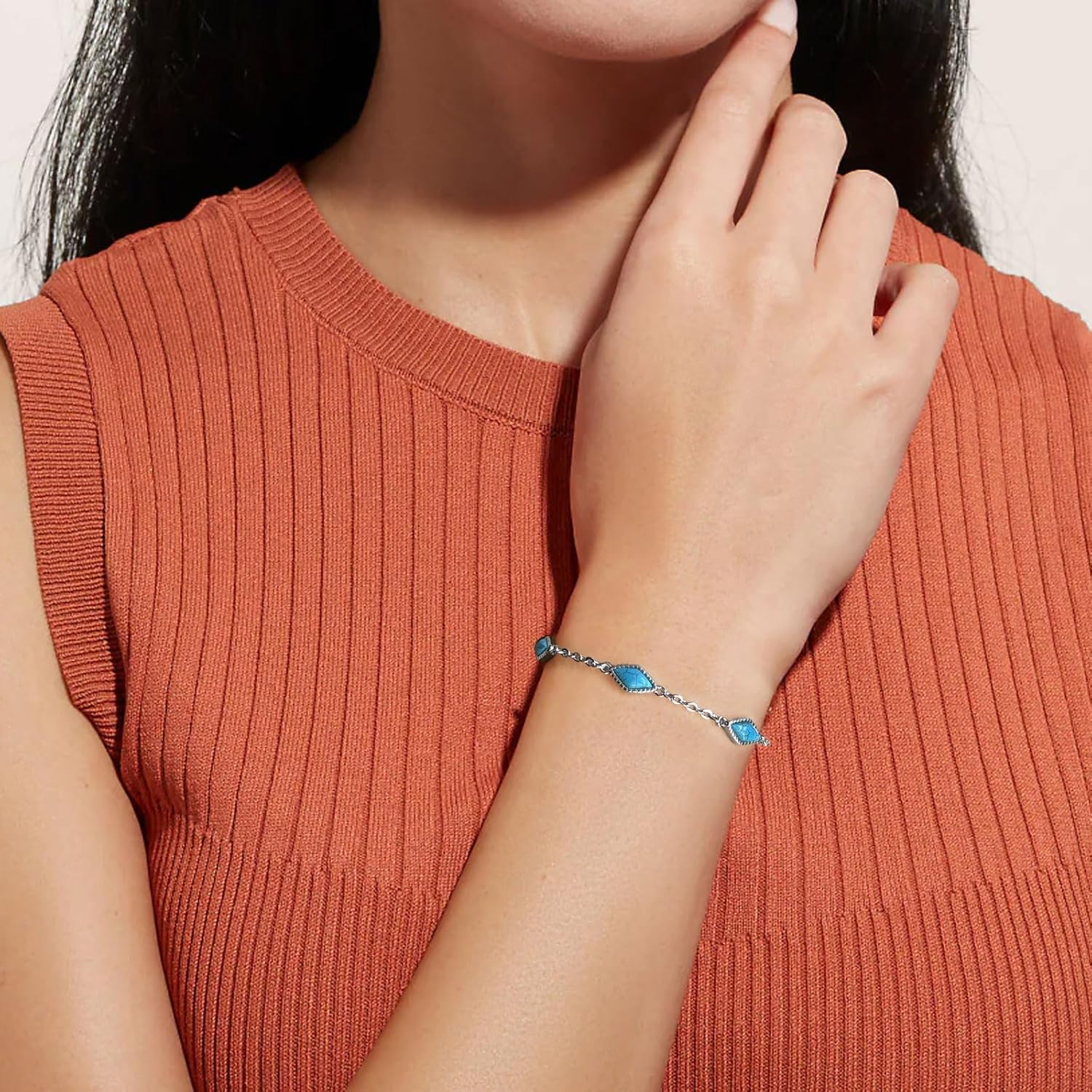 Genuine Turquoise Tennis Bracelet for Women 925 Sterling Silver Bead Chain with Green Stone December Birthstone Jewelry for Her