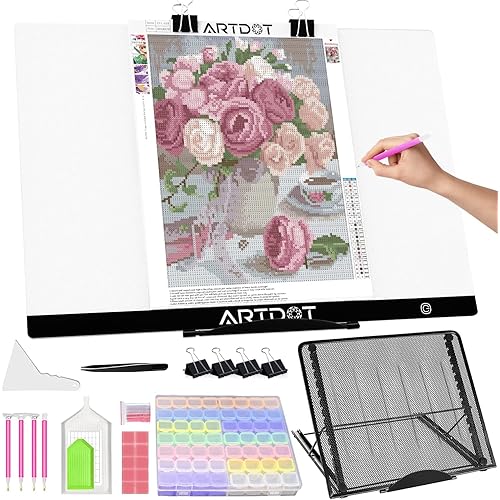 ARTDOT A2 LED Light Pad for Diamond Painting USB Powered Light Board Kit, Adjustable Brightness with 12 Angles Stand and Clips
