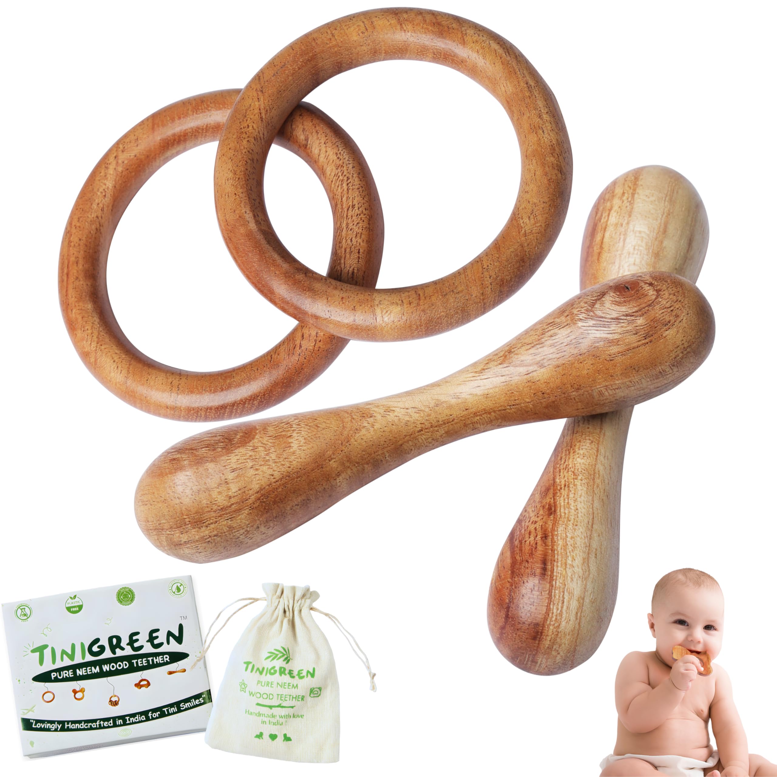 TINIGREEN Two Ring Two Dumbbell Shaped Organic Neem Wood Teether Combo for Baby (Pack of 4)-image-5
