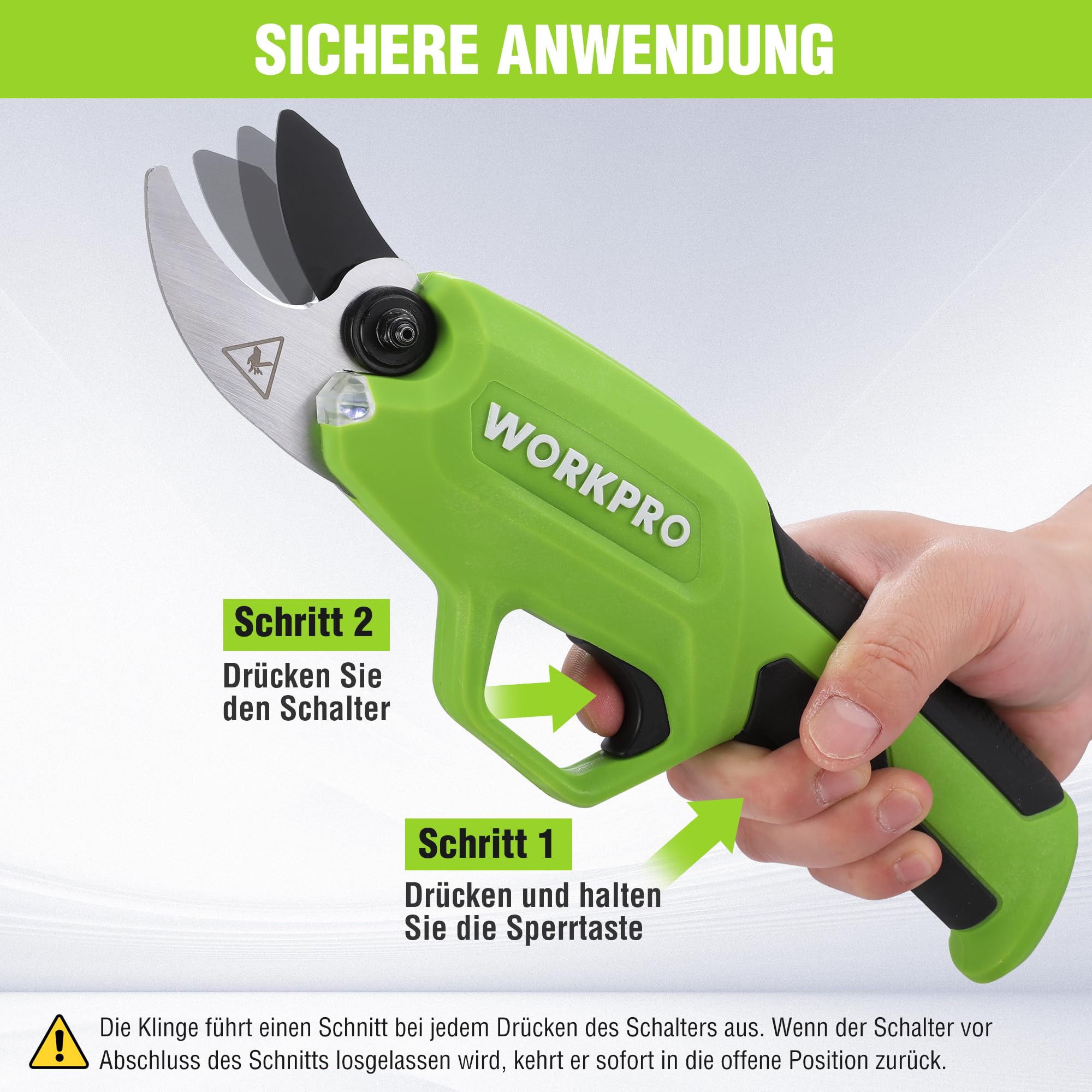 WORKPRO 7,2V Akku Gartenschere, Professionelle elektrische Baumschere Astschere mit 19mm Schnittdurchmesser und 2Ah Akku für Garten, Äste und Obstbäume