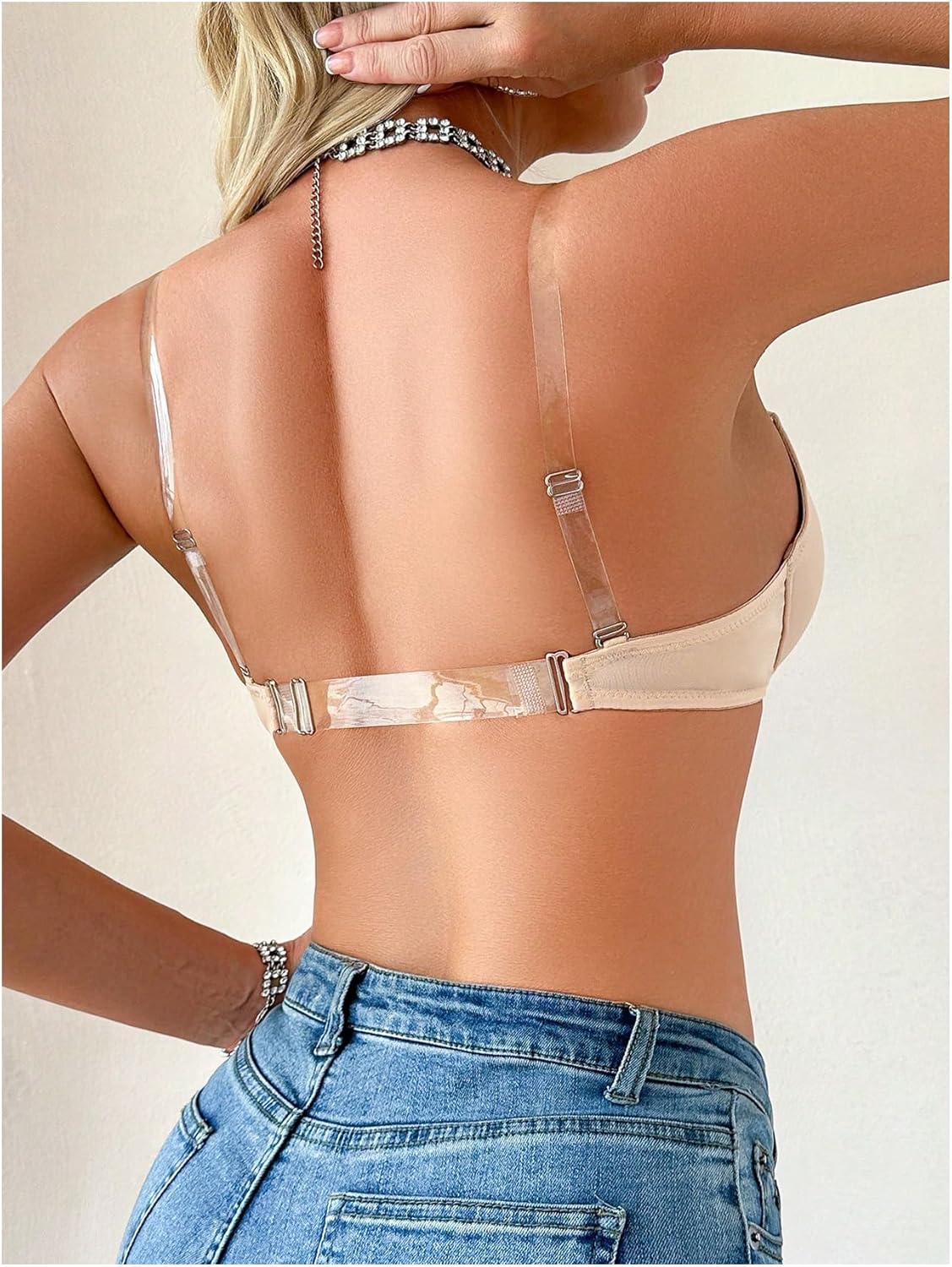 SHENHE Women's Clear Strap Bra Front Close Bras Underwire Push Up Molded Backless Plunge Bralette - Image 2
