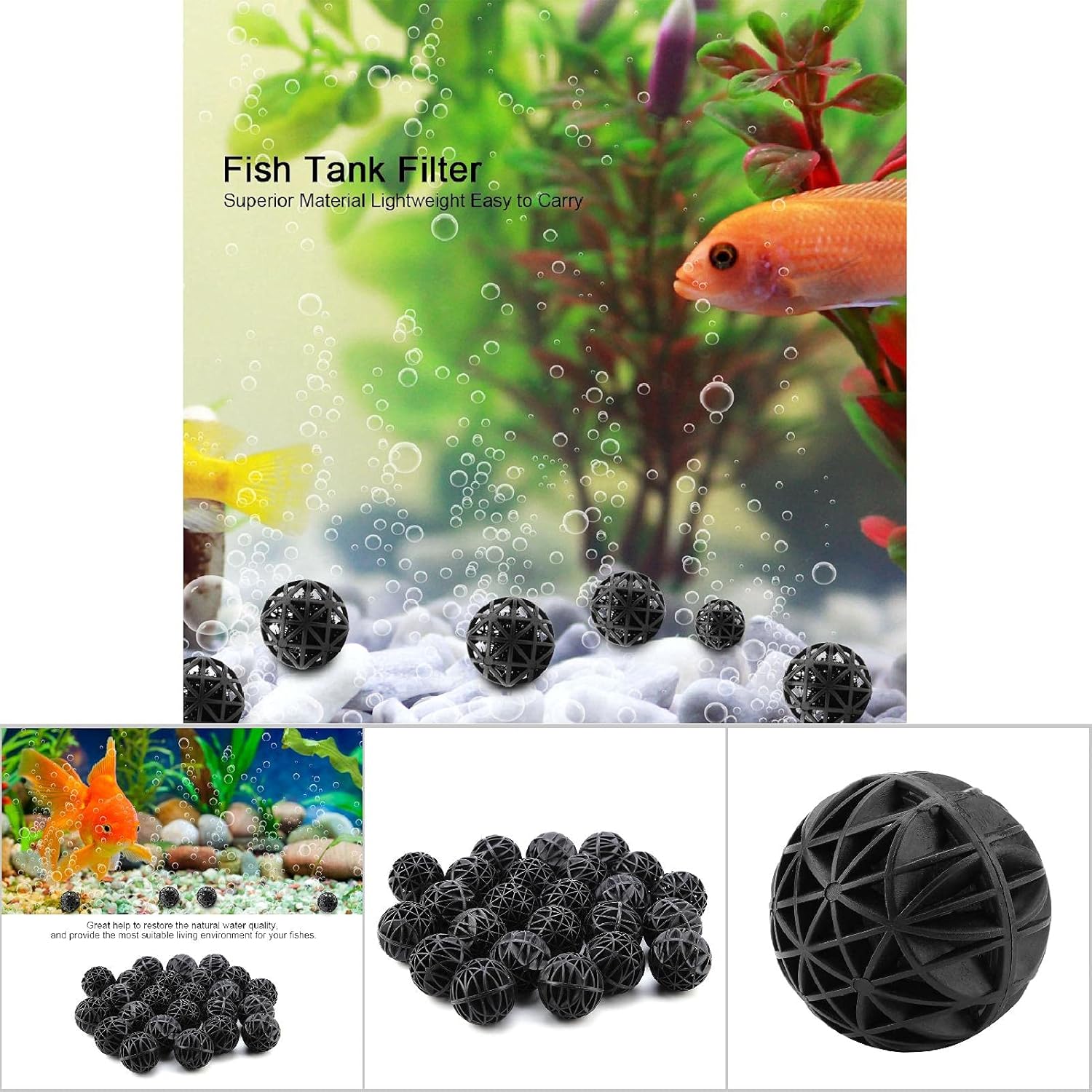 50Pcs Lightweight Biochemical Ball Black Bio Porous Filter for Aquarium, Pond, Fish Tank (56mm with Cotton)