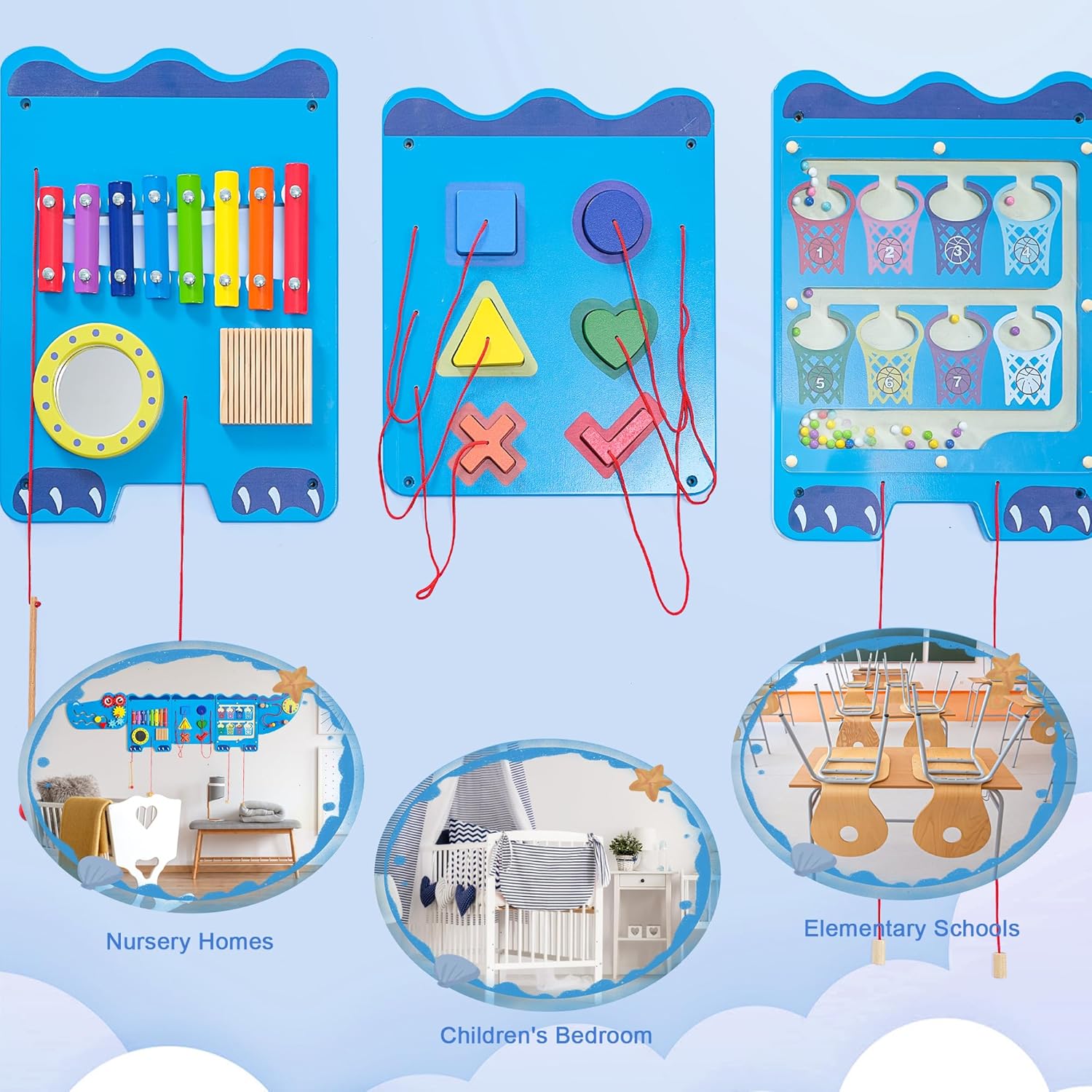 Crocodile Wooden Montessori Wall Toy Bundle – 2 Sensory Busy Boards in Blue & Green – Educational Activity Panels for Toddlers, Preschool Learning, Daycare, Classroom, and Playroom Use