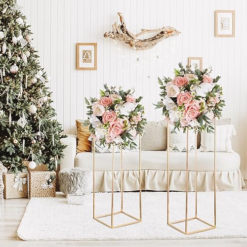 Miniatura 2 de 10 centros de mesa de 31.5 pulgadas de alto, soporte de flores de boda de metal dorado, columnas doradas, soporte geométrico para centro de mesa