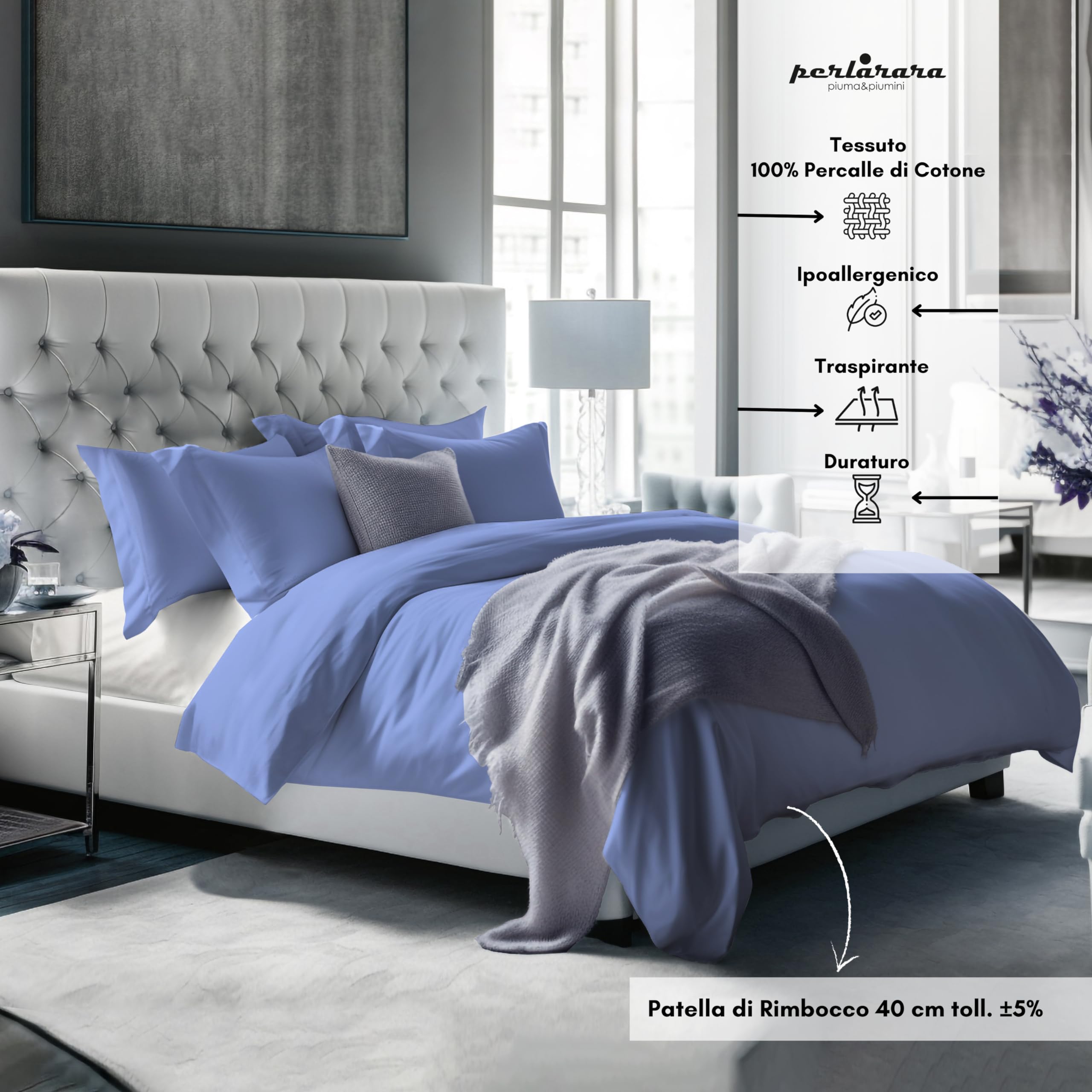 PERLARARA Copripiumino Matrimoniale in Cotone Percalle, Parure Copripiumino Sacco Con 2 Federe, Copripiumone Tinta Unita Azzurro anche Letto 2 Piazze Maxi