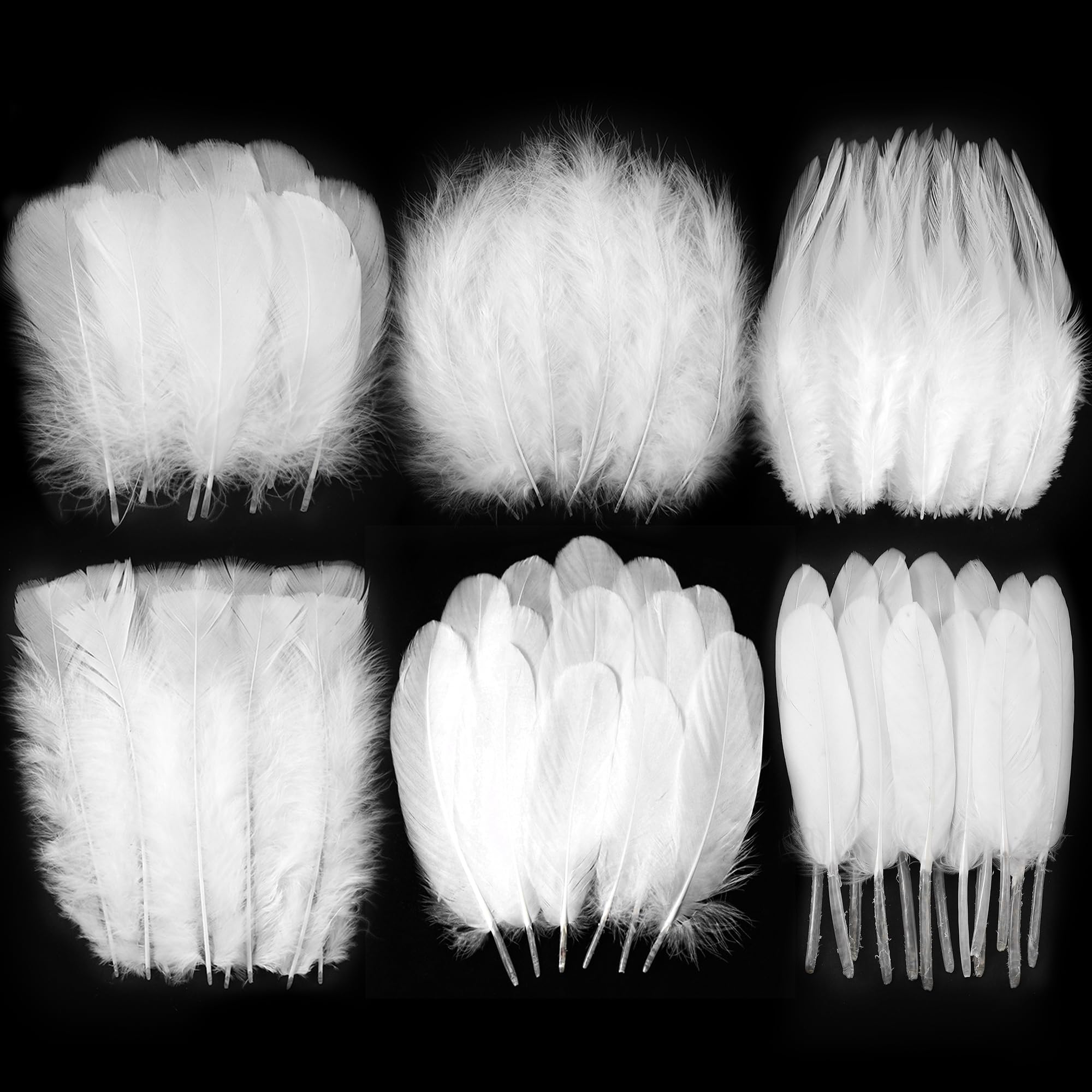 Larryhot White Craft Feathers Bulk - 240pcs 6 Style Mixed Natural Feathers for Wedding Home Party, Dream Catcher Supplies and DIY Crafts (White)