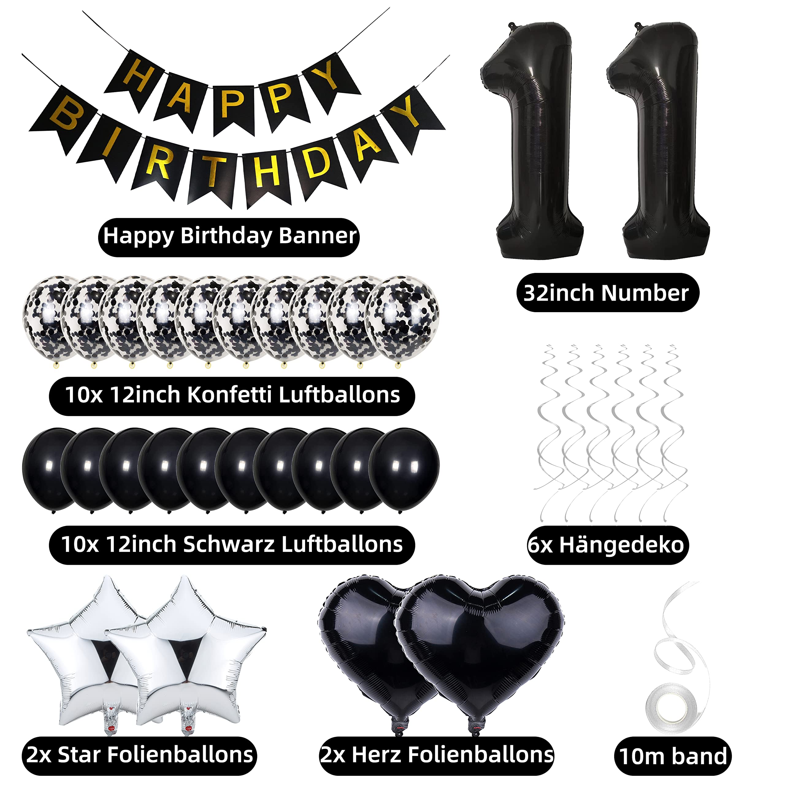 Decorazioni Per 11° Compleanno Ragazzo – Set Con Striscione, Palloncino Numero Gigante 81 Cm, 20 Palloncini Lattice E Nastro, Blu E Oro - 2