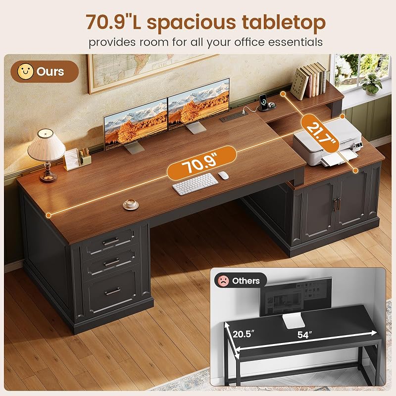 SEDETA Farmhouse 70.9" Executive Desk, Home Office Desk with File Drawers and Storage Cabinet, Computer Desk with Power Outlet for Home Office, Work Study Writing, Black+Brown image 6