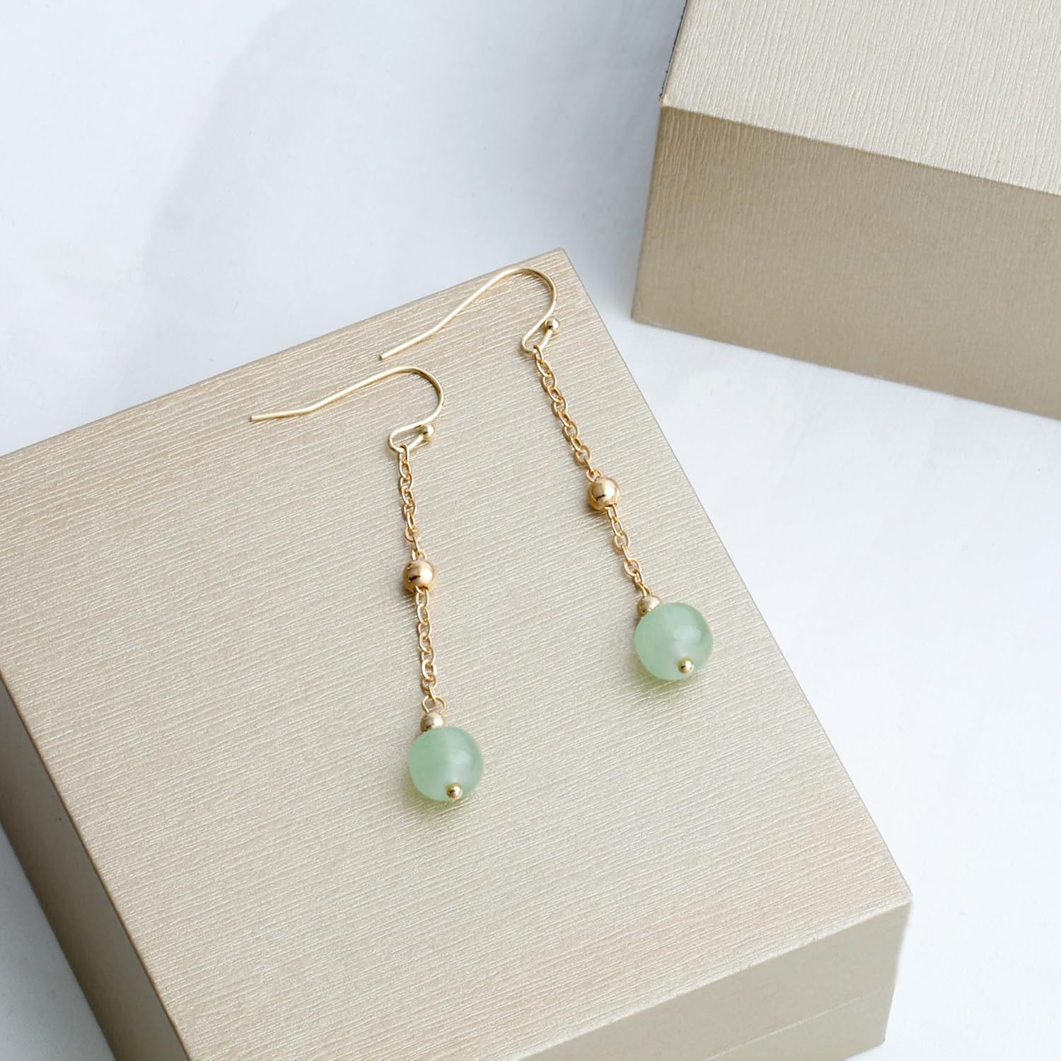 14K Gold Plated Handmade Green Crystal Jade Bead Dangling Drop Earrings for Women - Image 6
