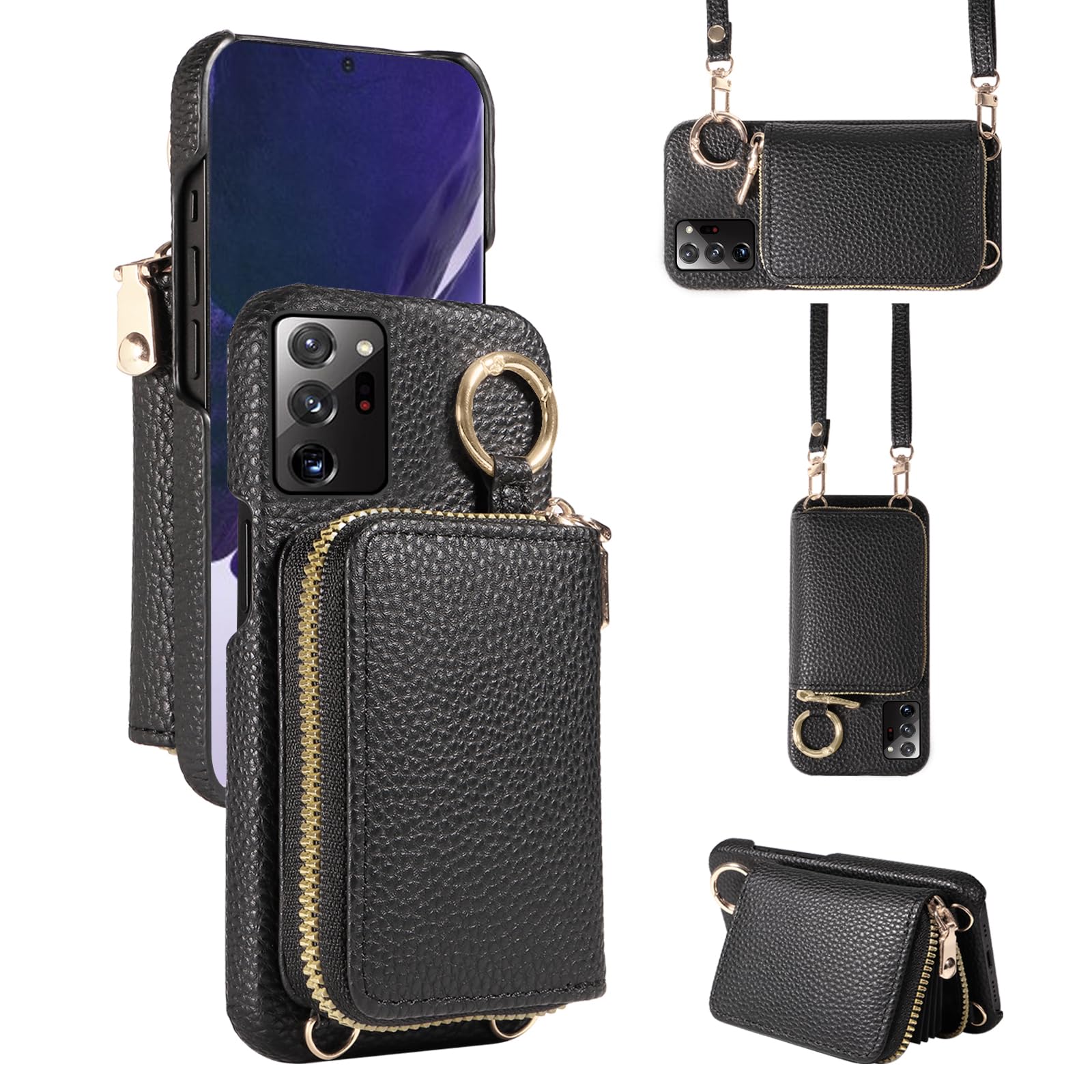 Furiet Wallet Case for Samsung Galaxy Note 20 Ultra 5G, Shoulder Strap Ring Buckle, Zipper Flip Organ Purse, Card Holder Phone Cover for Note20 Plus Notes 20Ultra Note20+ U + 20+ Twenty Not S20 Black