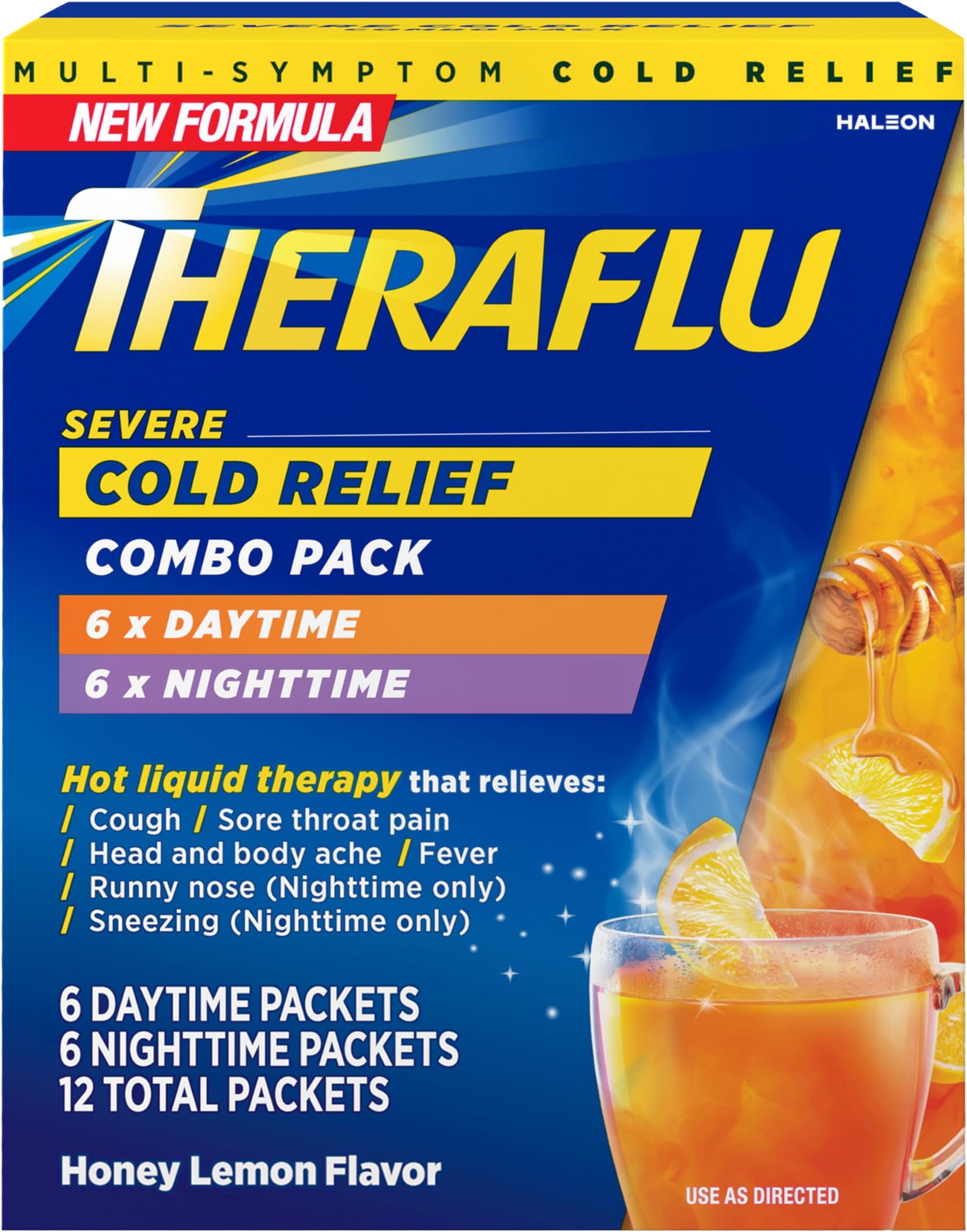 Combo Daytime and Nighttime Severe Cold Relief Powder, Honey Lemon Flavor, 12 Count, 6 Daytime + 6 Nighttime