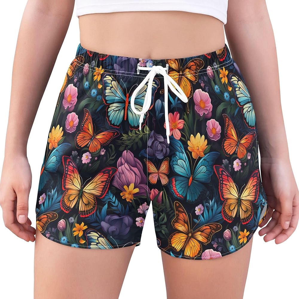 UMIRIKO Butterfly Flower Women's Swim Shorts with Liner and