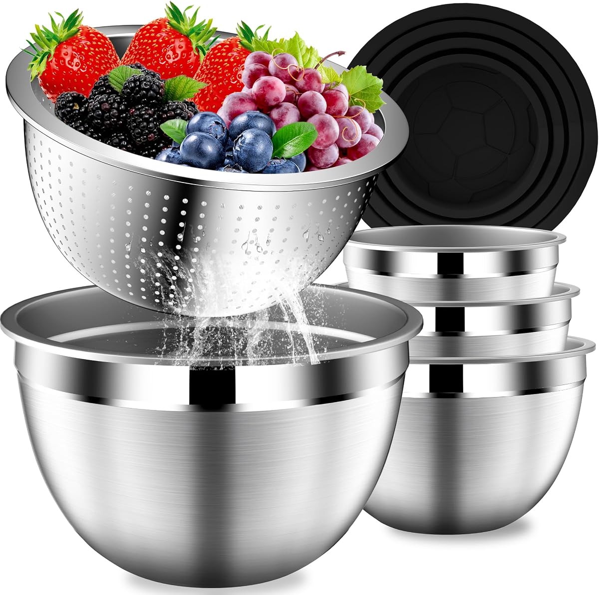 DUTZUN Juego de tazones para mezclar con tapas, tazones para mezclar de acero inoxidable con colador, colador con juego de tazones para mezclar, tazón para servir regalo de cocina, tamaño 4.5, 2.5, 2, 1.5QT - Negro