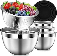 DUTZUN Stainless Steel Mixing Bowls with Lids & Colander Set - 1.5, 2, 2.5, 4.5QT Nesting Bowls, Black Kitchen Gadgets