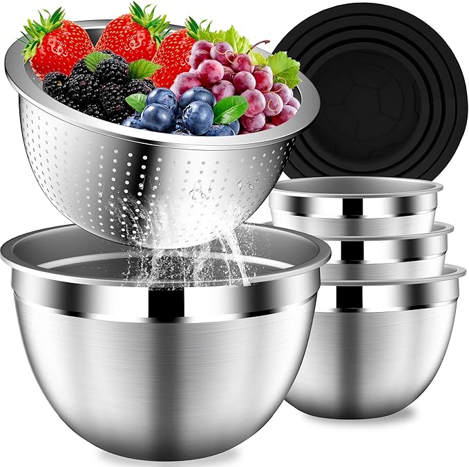 Mixing Bowls with Lids Set, Stainless Steel Mixing Bowls with Colander, Strainer with Mixing Bowl Set, Kitchen Gadgets Bowl Christams Gift, Size 4.5, 2.5, 2, 1.5QT - Black