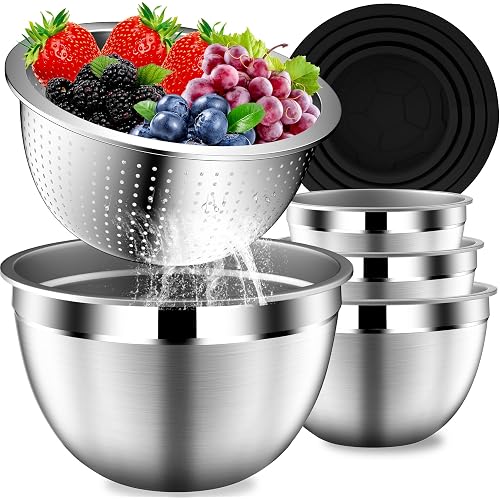DUTZUN Mixing Bowls with Lids Set, Stainless Steel Mixing Bowls with Colander, Strainer with Mixing Bowl Set, Serving Bowl Kitchen Gift, Size 4.5, 2.5, 2, 1.5QT - Black