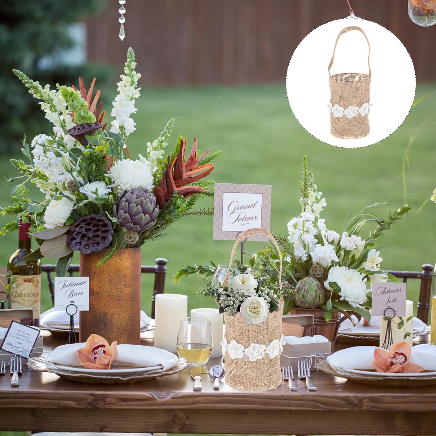 Rustic Burlap Flower Girl Basket with Linen Storage, 2pcs Set for Wedding Ceremony and Party Supplies