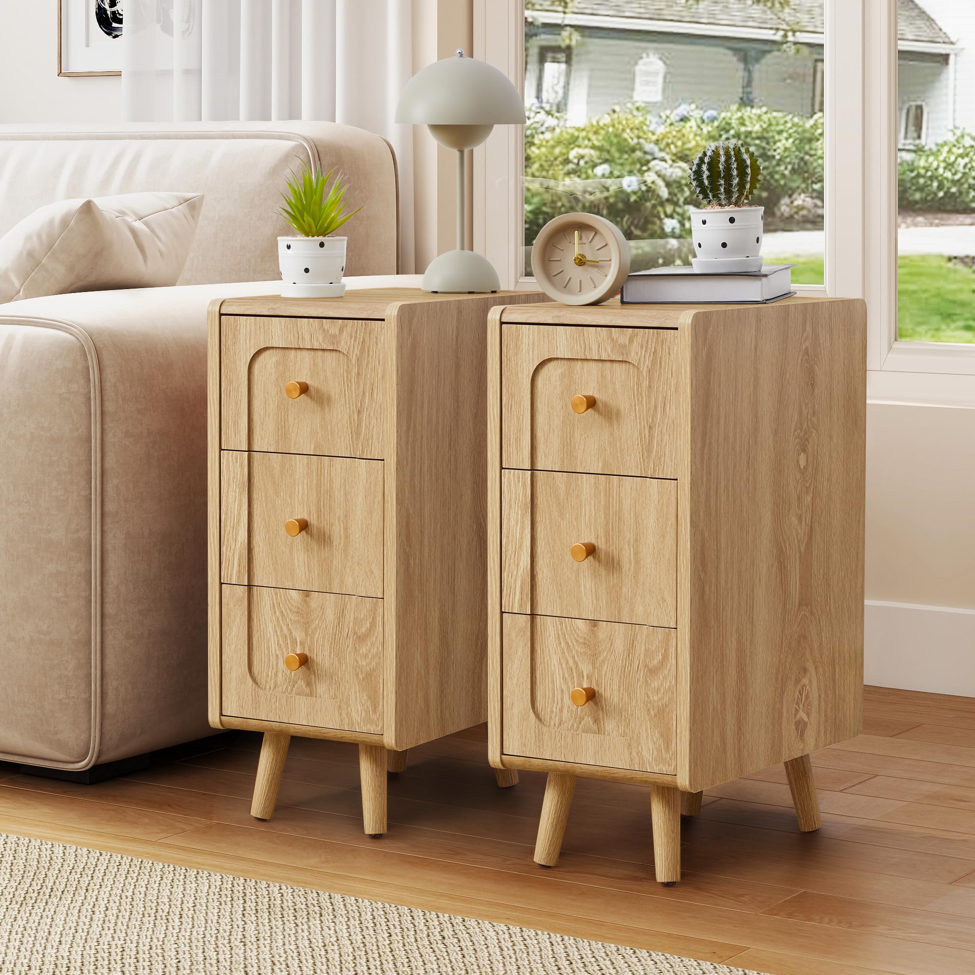 Narrow Nightstand with 2 Drawers, Small Bedside Tables, Mid-Century Modern Slim Night Stand with Storage, Wooden End Table for Small Spaces, Bedroom, Living Room (Walnut-1PCS) — view 11