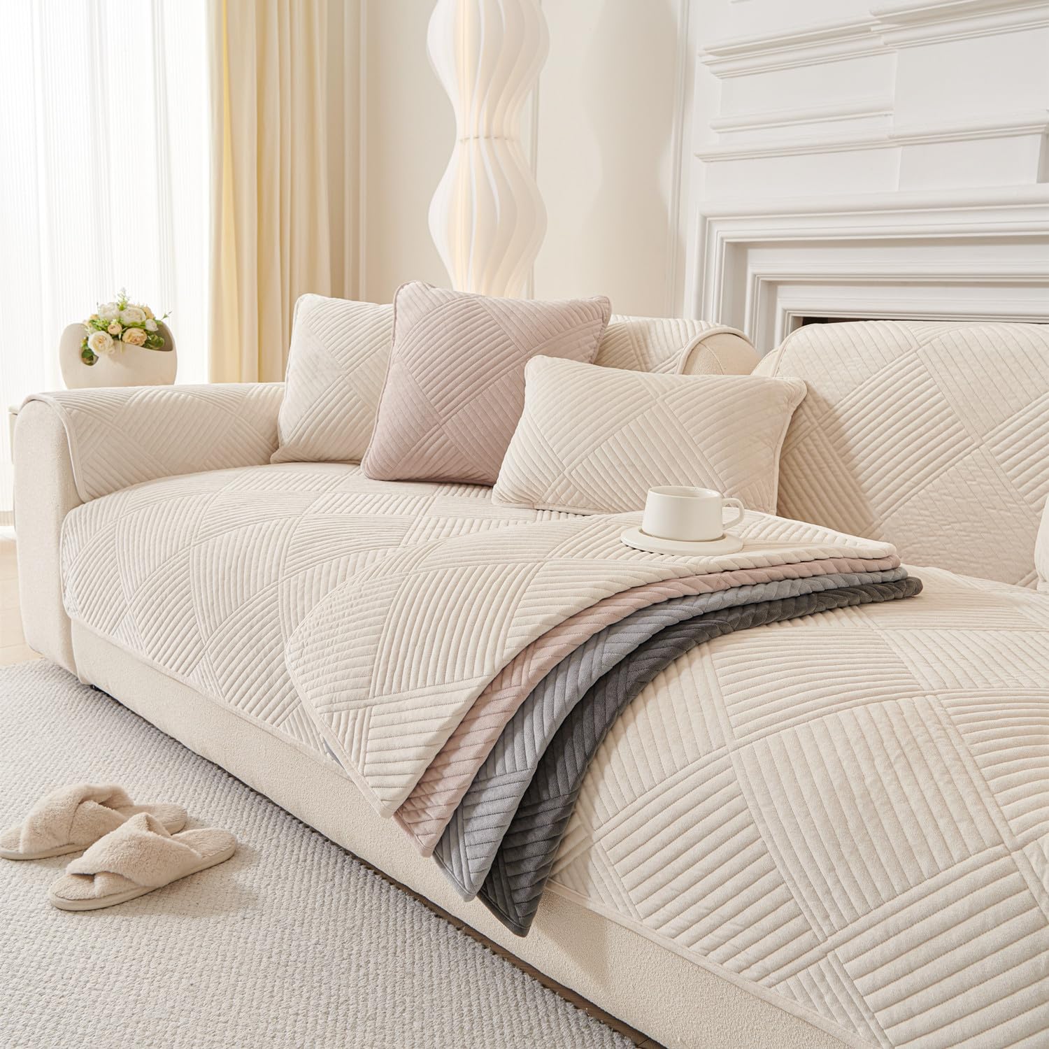 Furnestorica Sofabezug Vollschutz rutschfest waschbar, 1/2/3/4 Sitzer, Universal für L-förmige U-Ecke Sofa