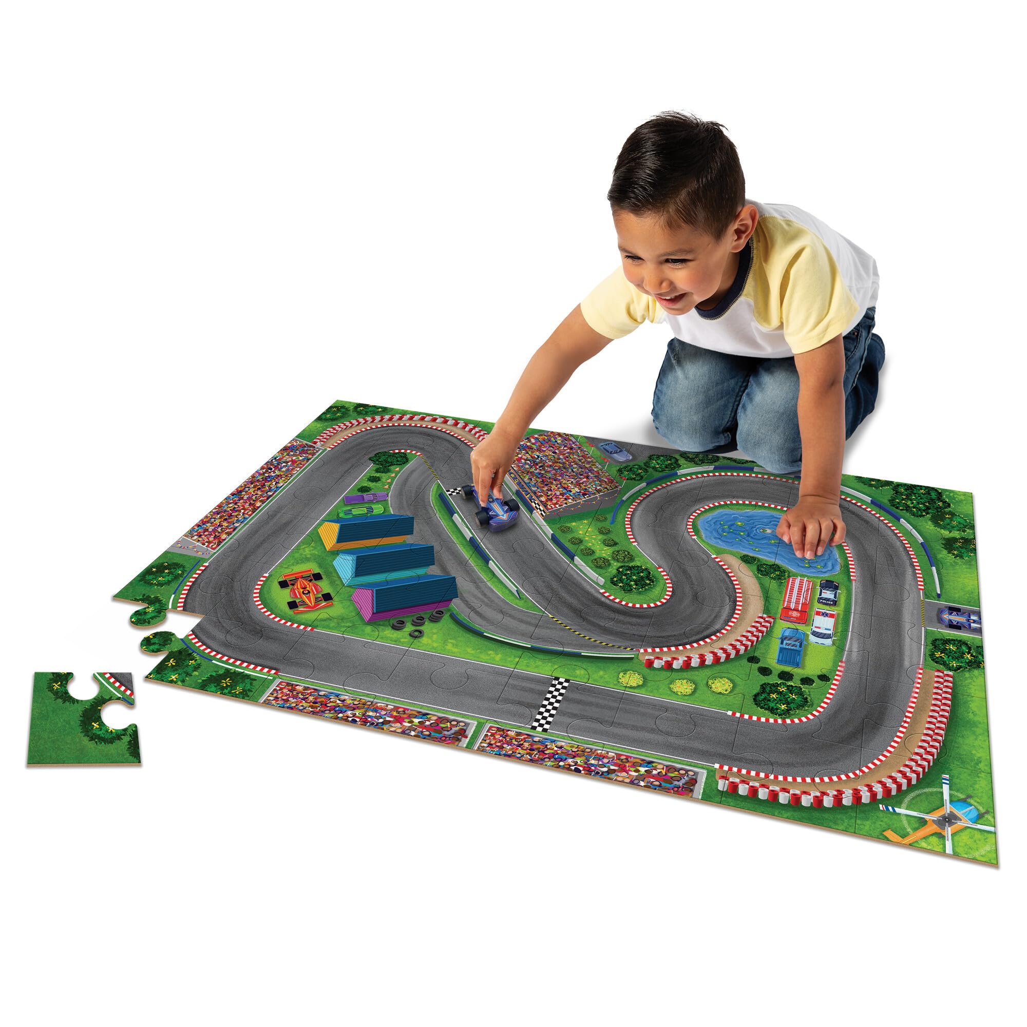 Peaceable Kingdom Puzzle & Play: Race Day - Floor Puzzle for Kids Ages 3 and Up - Includes 3 Wooden Vehicles to Zoom Around The Race Track Puzzle for a Double Dose of Fun - Measures 26" x 36" - Image 2