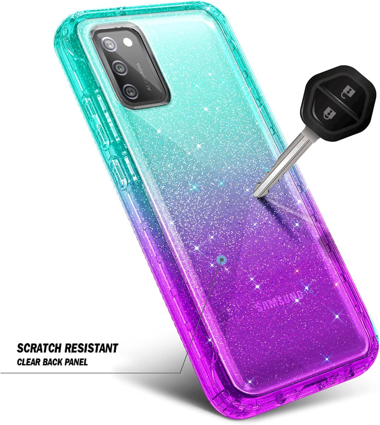 NZND Case for Samsung Galaxy A03S with [Built-in Screen Protector], Full-Body Protective Shockproof Rugged Bumper Cover, Impact Resist Durable Phone Case (Glitter Aqua/Purple)