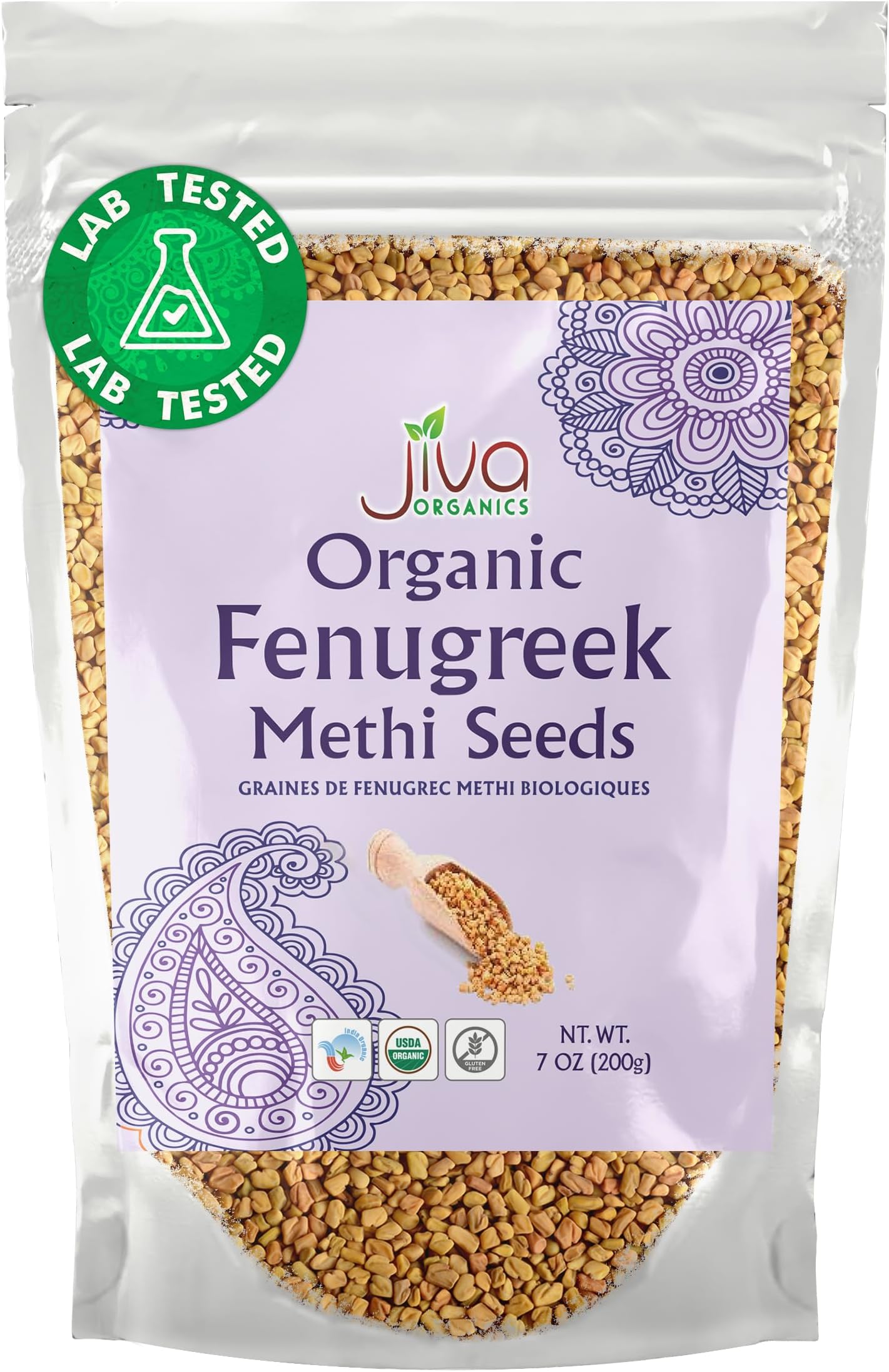 Jiva Organic Fenugreek Seeds 7 Ounce โ Non-GMO, Gluten Free, All Natural Fenugreek Spice โ Organic Fenugreek Seeds for Hair Growth, Cooking & Sprouting - Methi Seeds for Methi Dana Water - Raw & Natural, Product of India