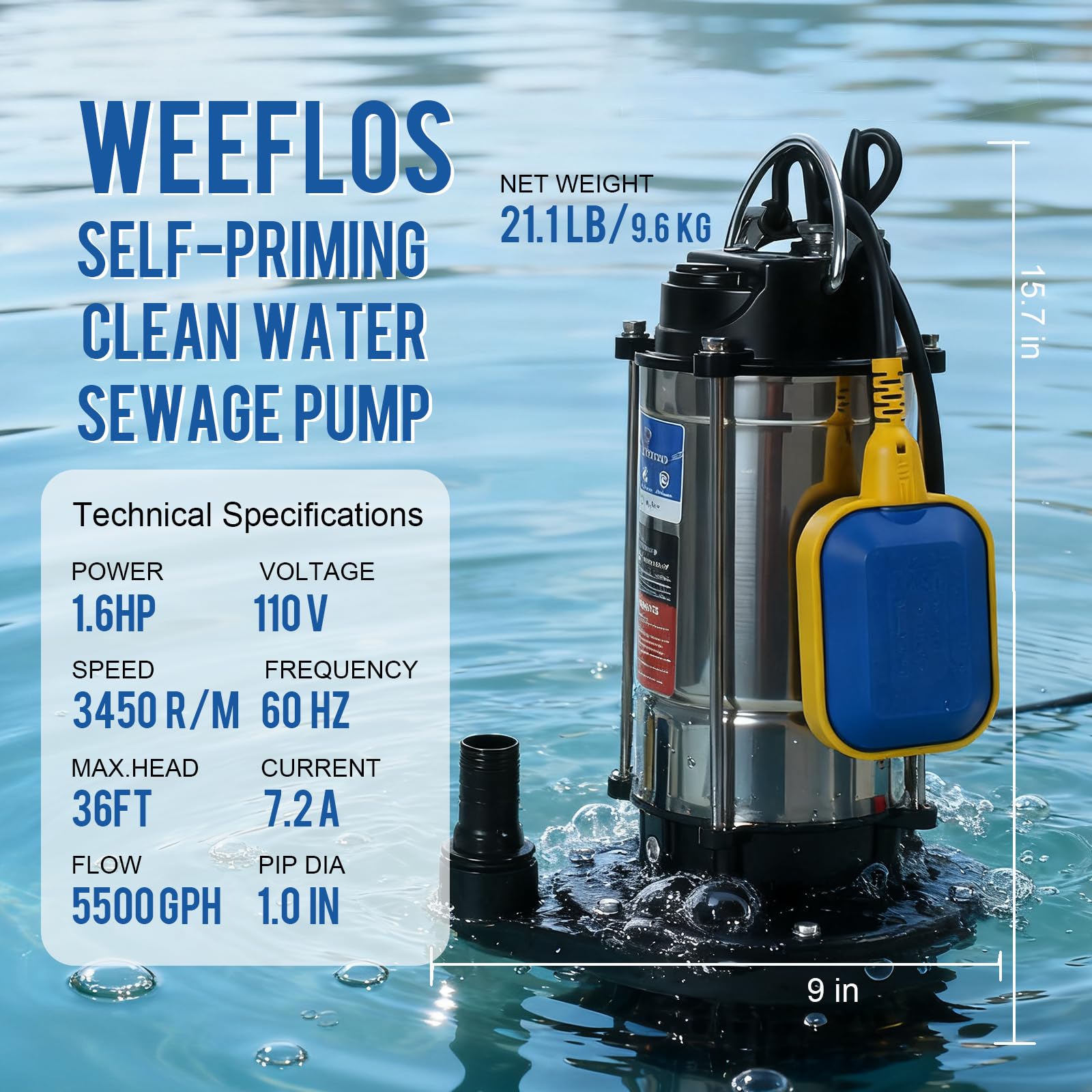 Zatapialna pompa ściekowa 1,6 HP z głowicą do 5500 GPH o wysokiej przepustowości 36 stóp, nawadnianie, basen, staw ogrodowy, piwnica, studnia, kabel zasilający 25 stóp, stal