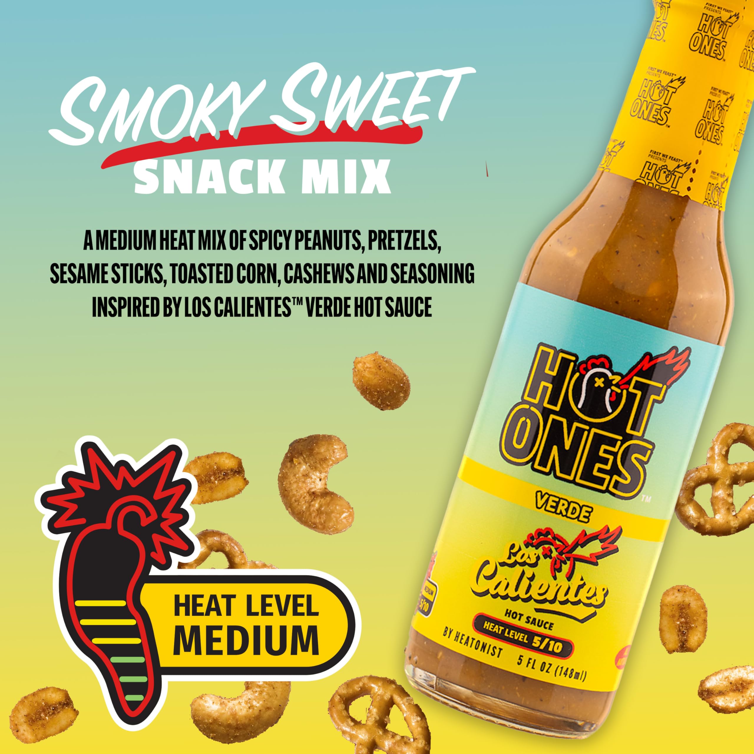 Snak Club Hot Ones Snack-Mix, Hot Habanero, Sweet Smoky und Tangy Chili, würzige Snacks mit Erdnüssen, Brezeln, Sesamstäbchen, gerösteter Mais, Cashews, veganer Snack, wiederverschließbare Beutel, 3