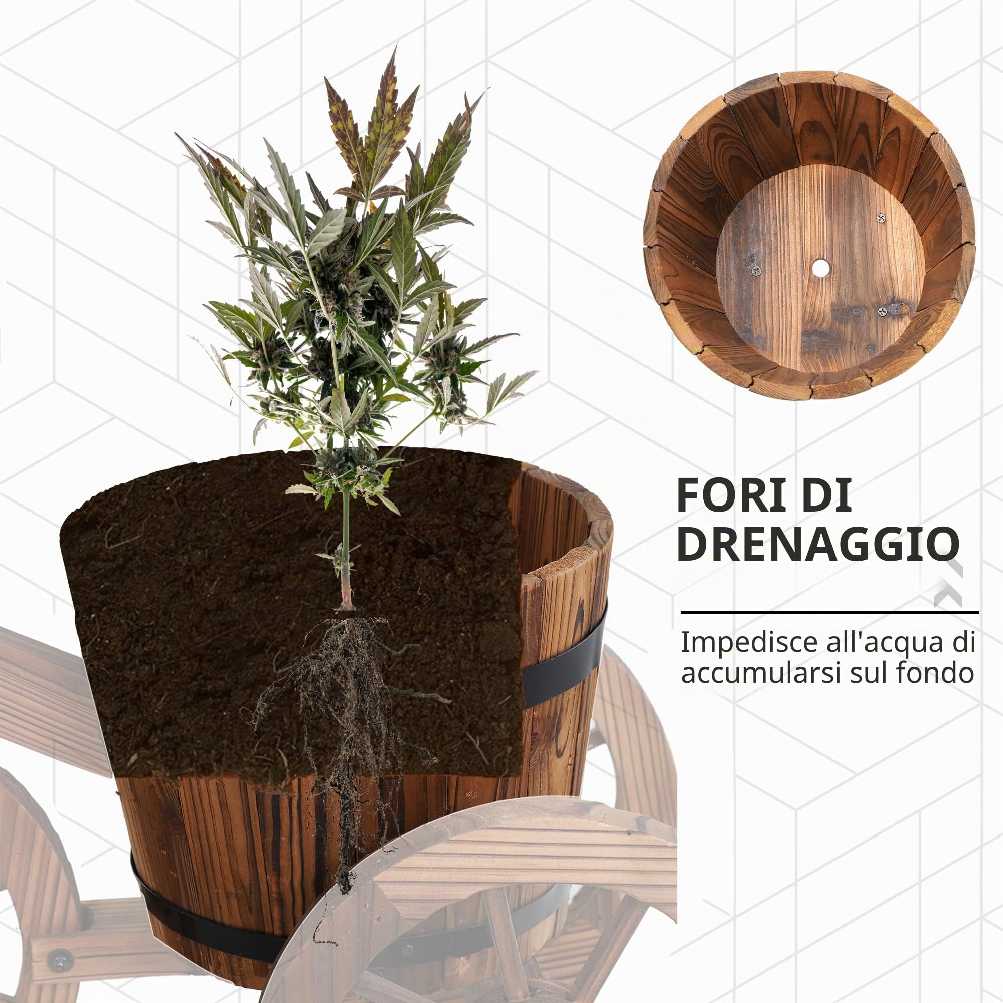 Outsunny Supporto per piante a tre ruote, scaffale per vasi di fiori, fioriera ABM. 52L x 31L x 45H cm - Legno di abete