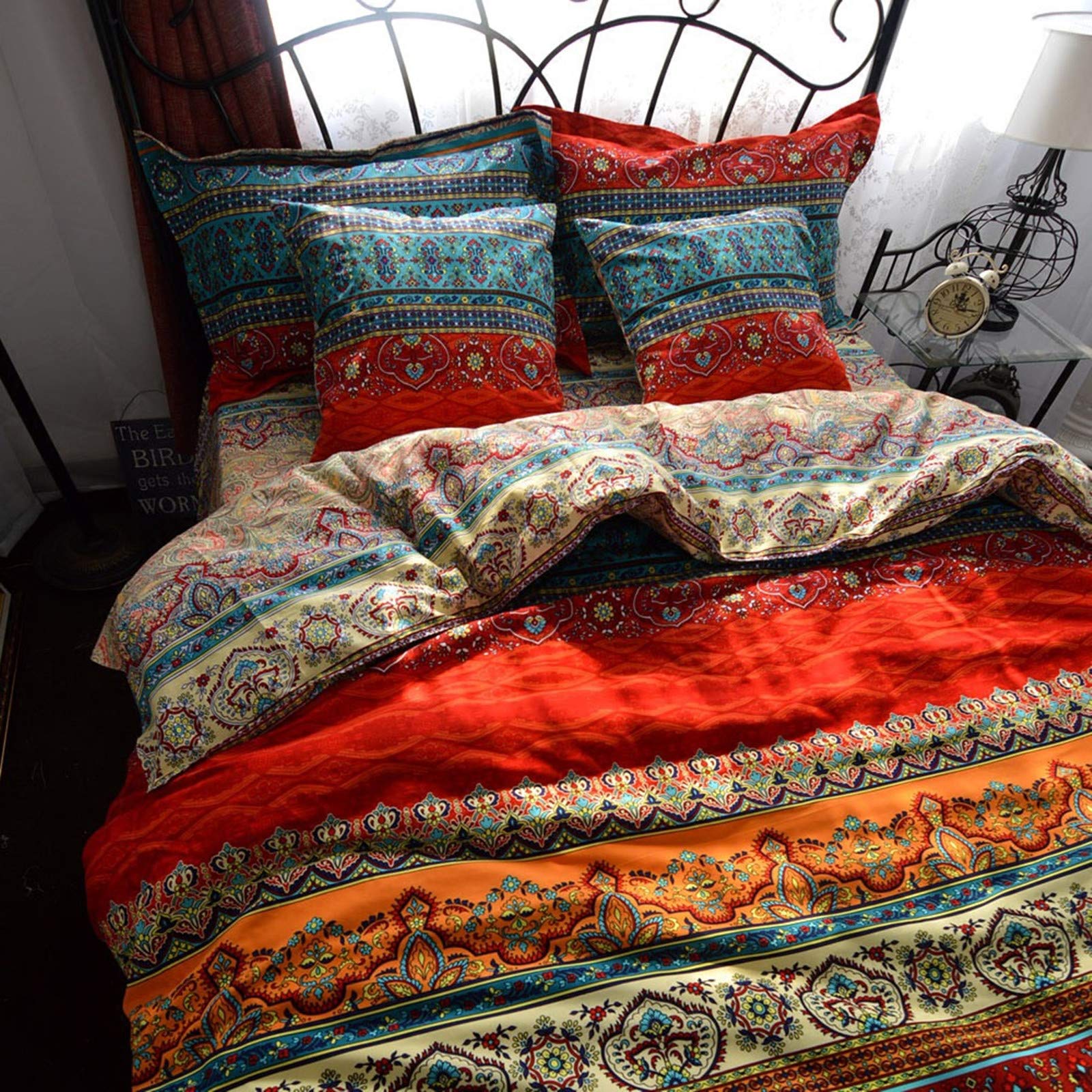 Qucover Set 3PZ Copripiumino Matrimoniale 220x240 cm in 100% Cotone, Biancheria da Letto Due Piazze, e 2 Federe 50x75 cm, Copripiumino Etnico di Stile Boemia