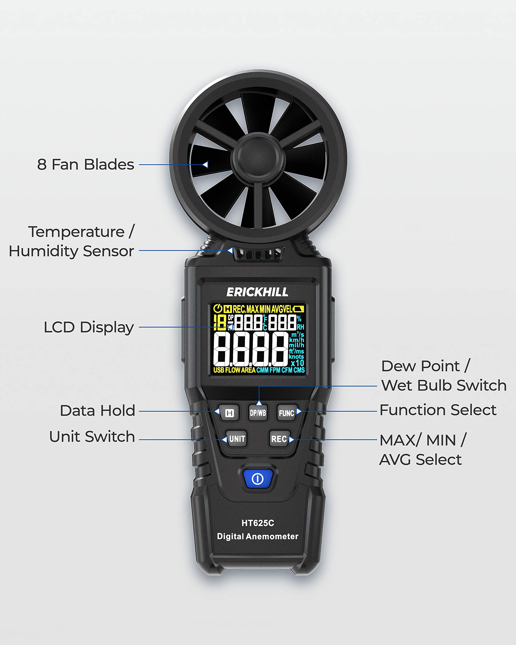 ERICKHILL Anemometer Handheld Digital Wind Speed Meter Measuring Air