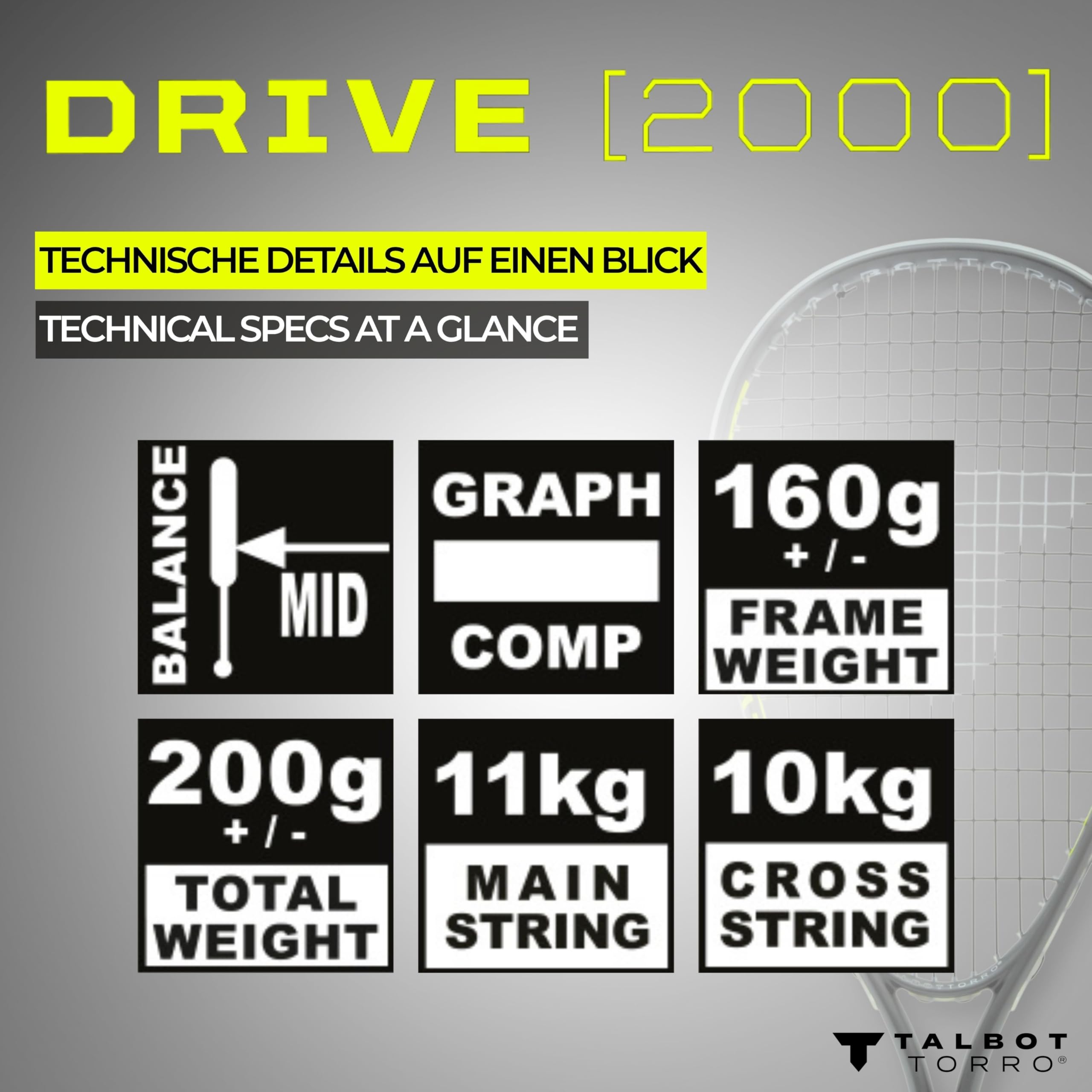 Talbot-Torro Squashschläger Drive 2000 - Leichter Allround-Schläger - Für Einsteiger & Freizeit - Graphit-Composite Rahmen - besaitet & spielbereit