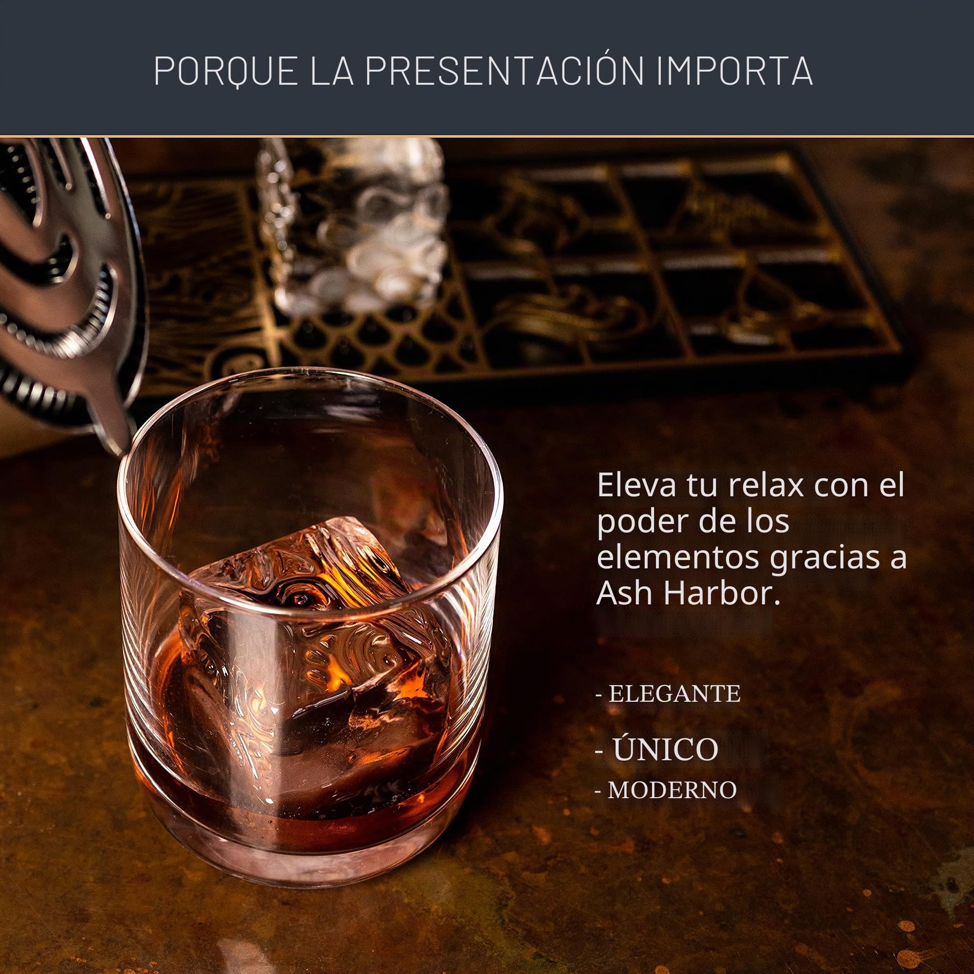 Ash Harbor - Bandeja transparente de diseño para hacer cubitos de hielo, moldes de hielo modernos para bourbon y cócteles en 5 segundos, sello de cubo de molde de whisky, accesorios de camarero