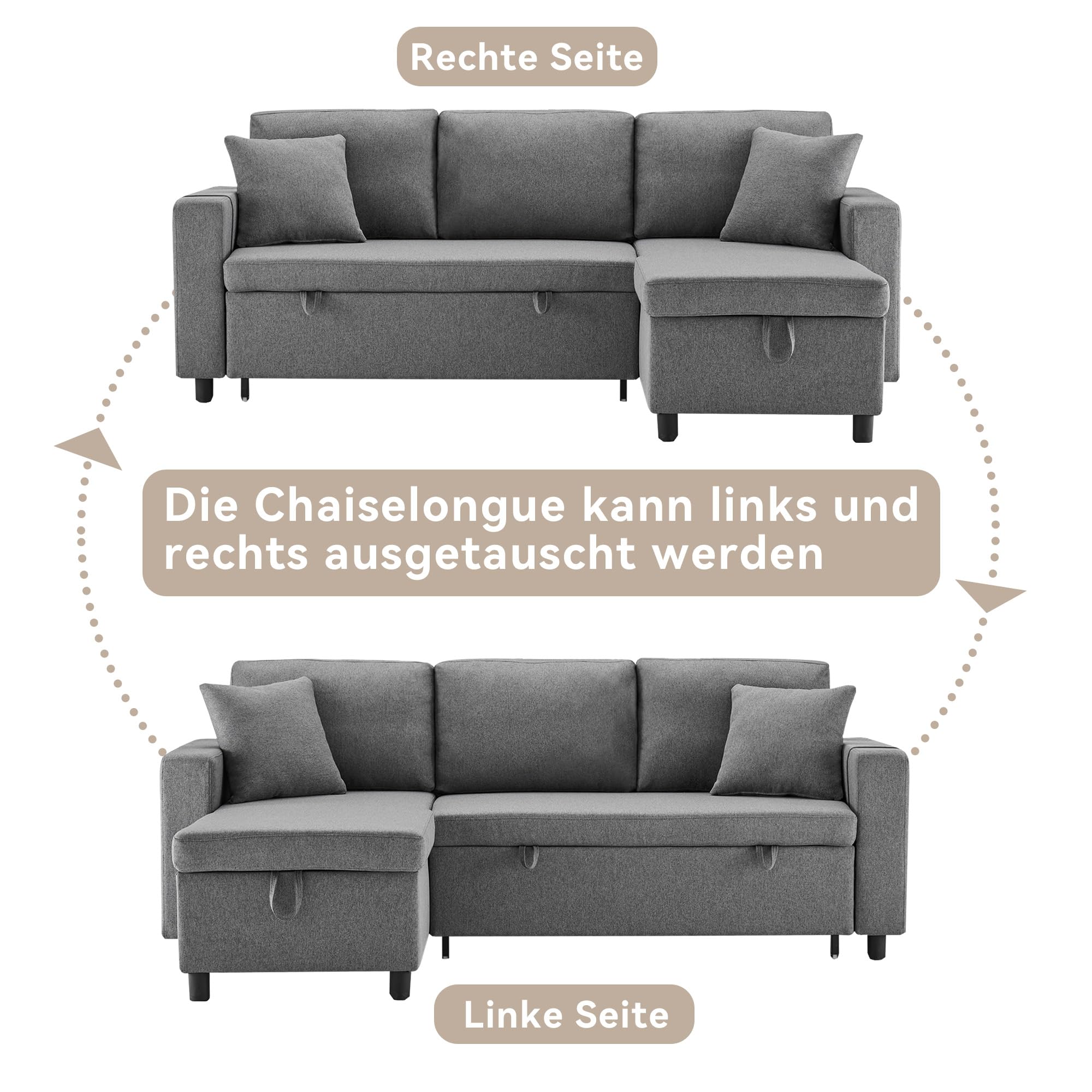 Schlafsofa mit Schlaffunktion, L-förmiges, Sofa-Chaiselongue mit Stauraum, mit Taschenaufbewahrung, Links und Rechts Austauschbare Chaiselongue, Dunkelgrau
