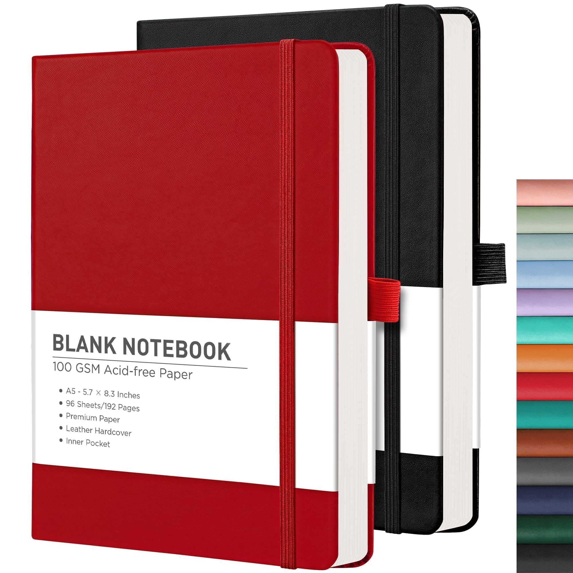 RETTACY Blank Journal Notebook, 2-Pack, 192 Pages per Pack, A5 Medium Size (5.7'' x 8.3''), Leather Hardcover, 100 GSM Thick Paper, for Sketching, Drawing, Painting (Black & Red)