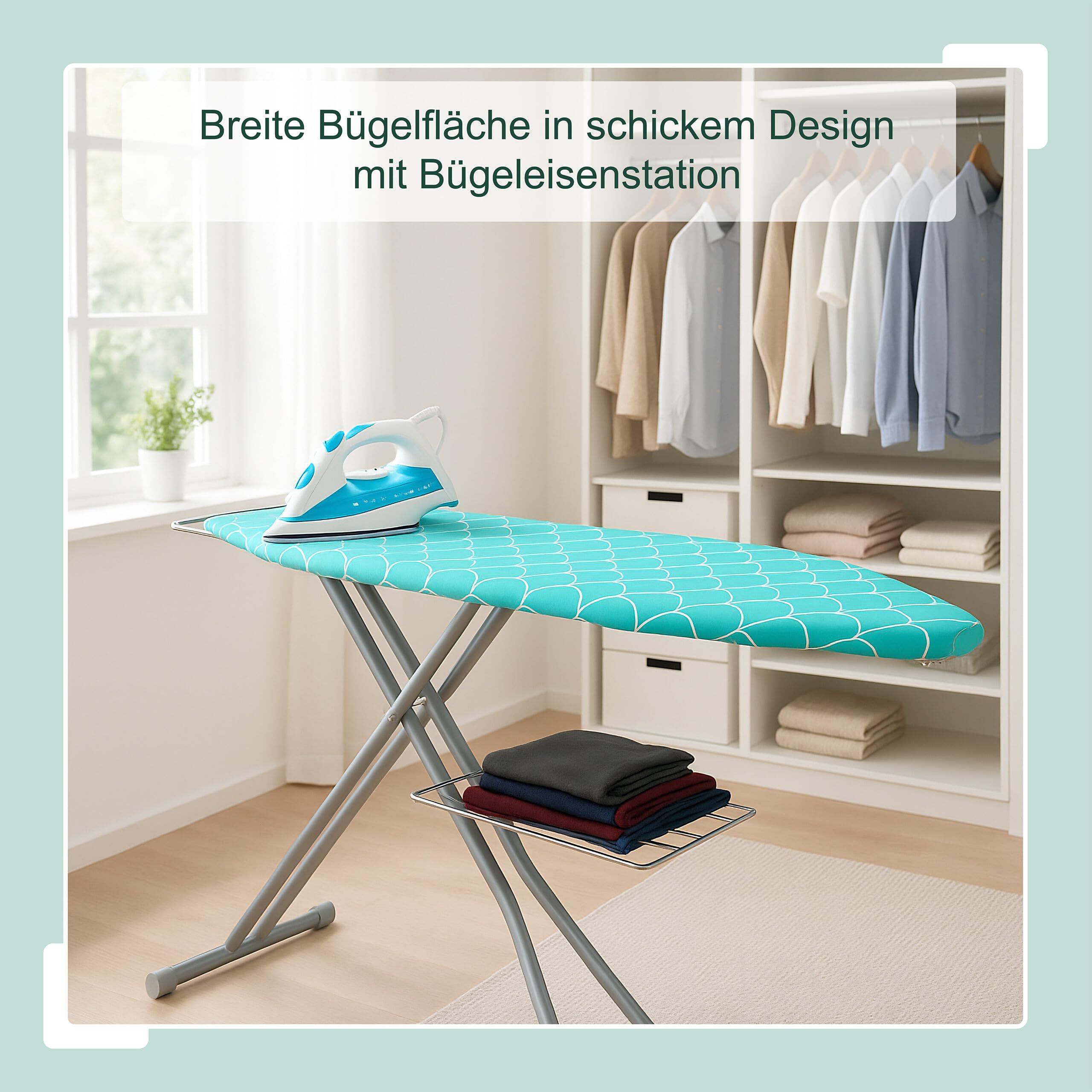 Relaxdays Bügelbrett für Dampfbügeleisen, 122 x 39,5 cm, höhenverstellbar, klappbar, Ablage, Bügeltisch, türkis/Silber