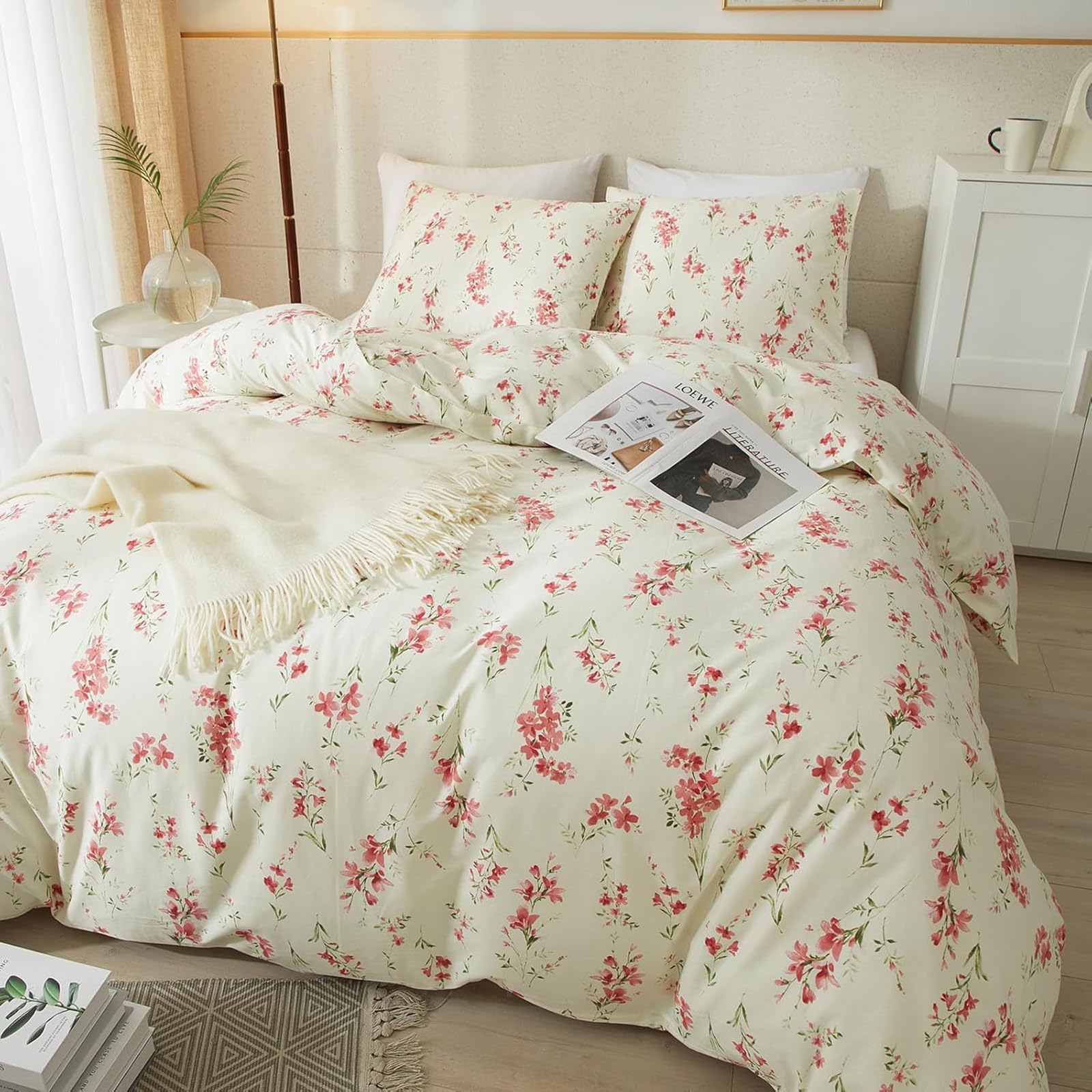 Tabeskly Red Floral flower Soft Zipper Bed Bedding Duvet Cover Set Double Beige 200×200cm, Multicolor1-4, Double(200×200cm) - Image 2