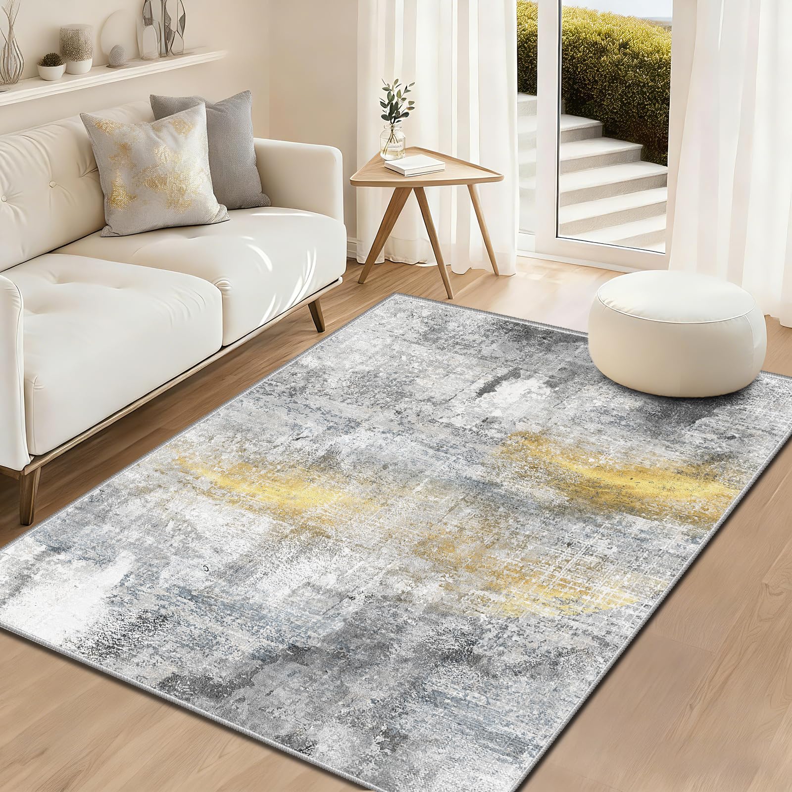 WQMMD Washable Rugs Living Room 80x160cm Light Grey and Gold Rug Modern Abstract Thin Area Rugs for Bedroom Non-slip Short Pile Floor Carpet for Dining Room Kitchen Laundry Office