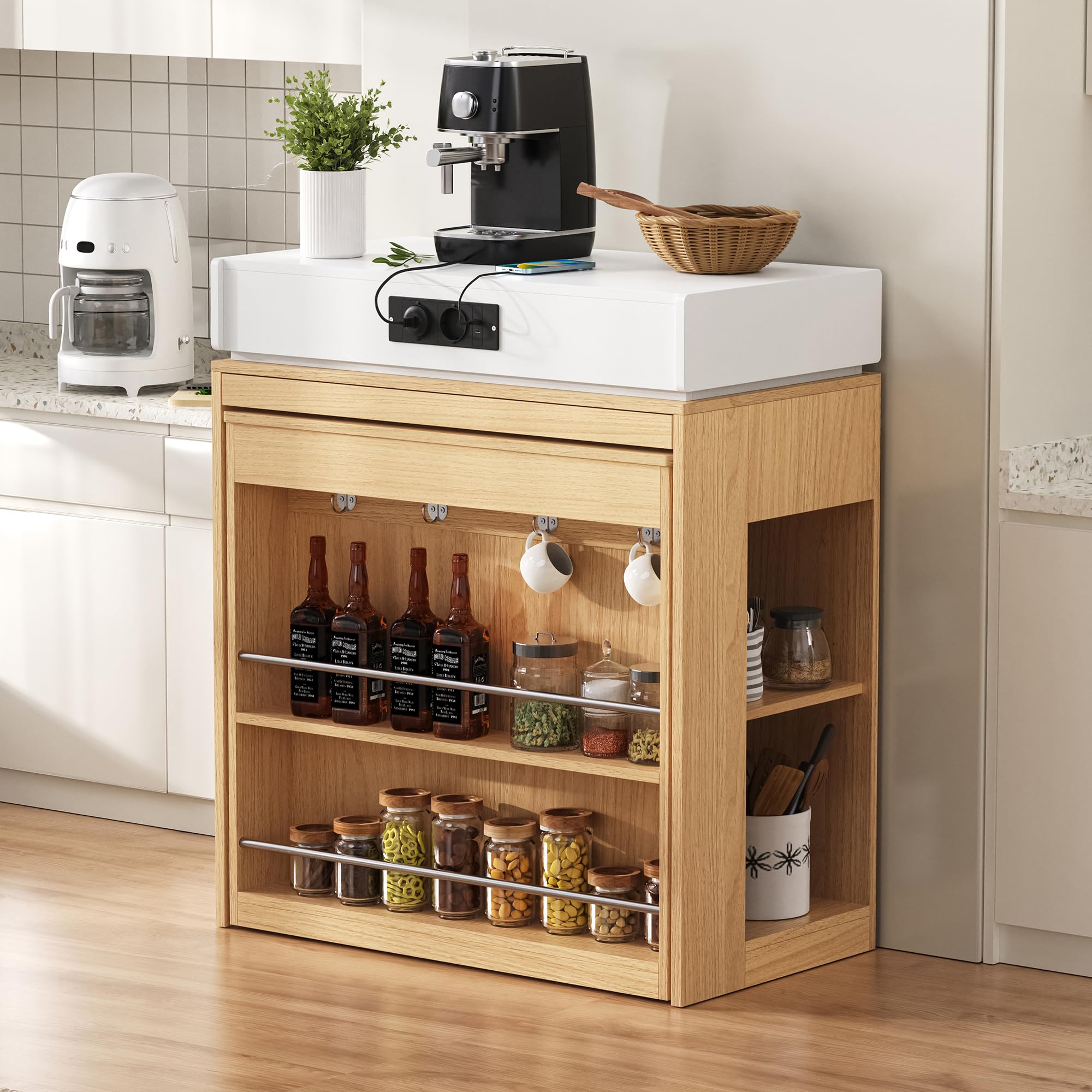 Îlot Central Cuisine avec Rangement, Table Extensible et Prises, Meuble Îlot de Cuisine avec Portes en Verre et Plan de Travail
