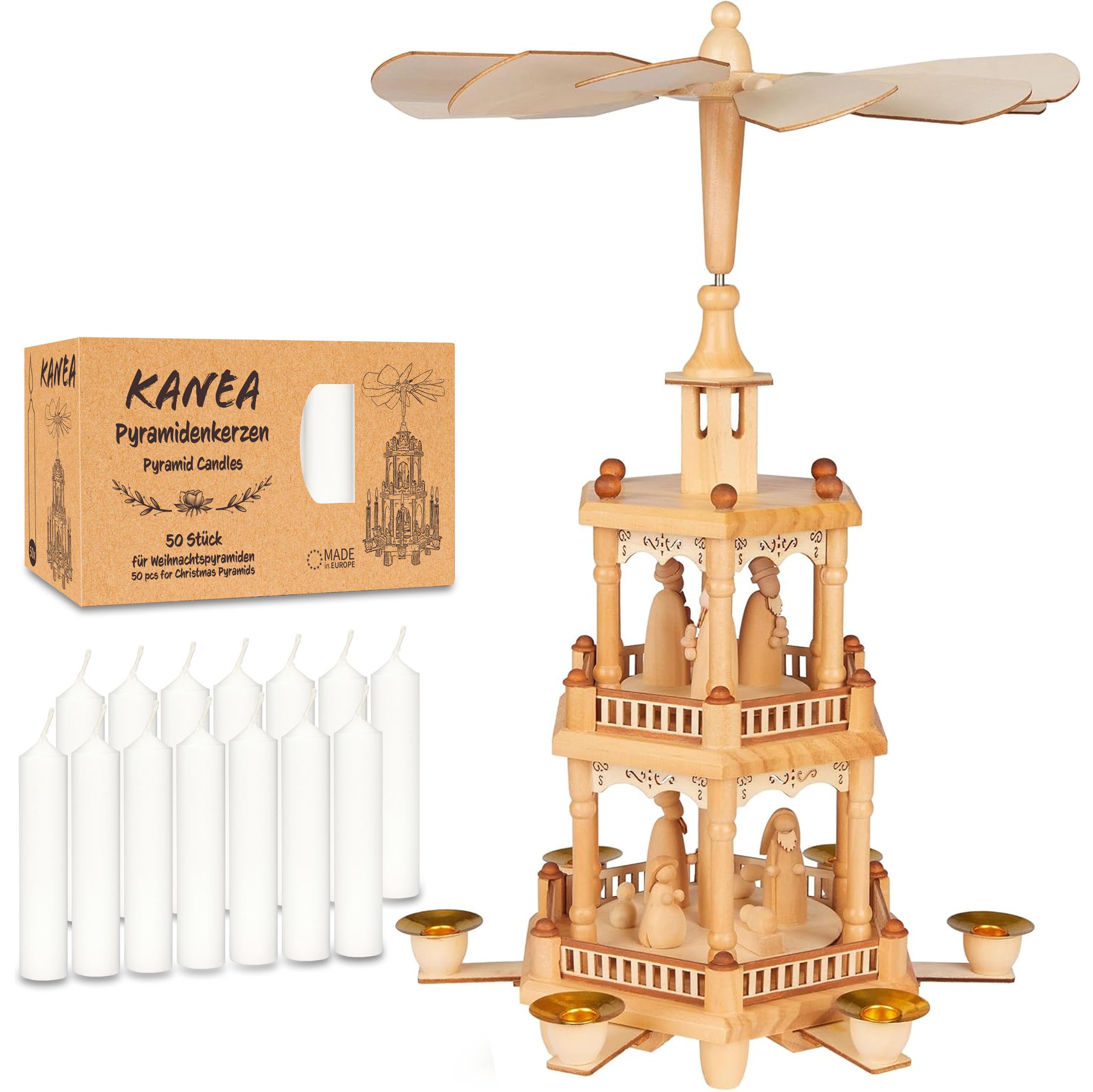 BRUBAKER Weihnachtspyramide inkl. 50er Pack Pyramidenkerzen Weiß - 3-stöckige Holzpyramide mit Holz Figuren - 44 cm Pyramide Weihnachten - Drehbare Tischpyramide - Natur