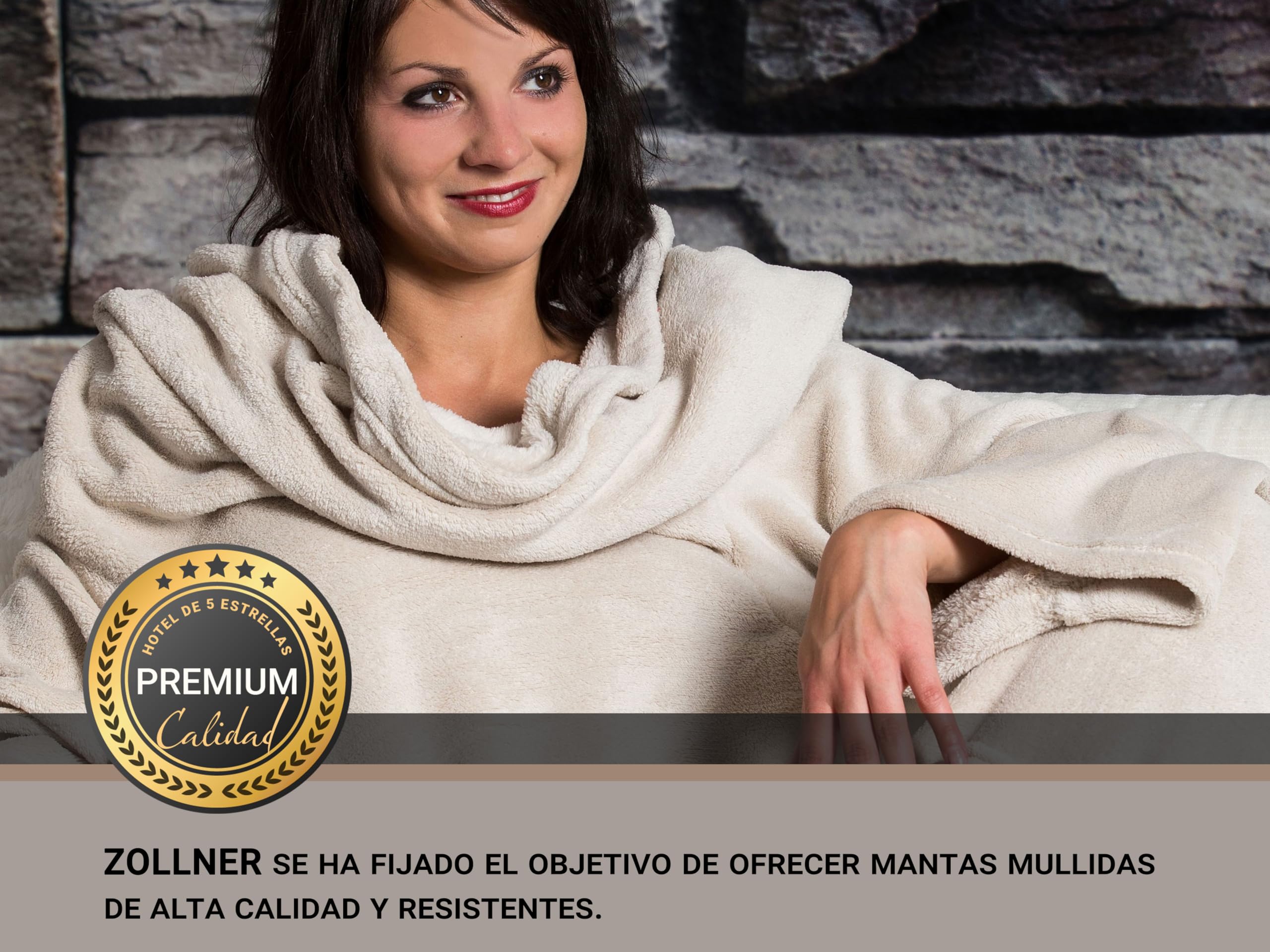 ZOLLNER Manta con Mangas: Manta para sofá Muy acogedora y cálida, Color Beige, 170 x 200 cm, con Bolsillos, Lavable a 95 °C, Calidad hotelera, certificación Oeko Tex®
