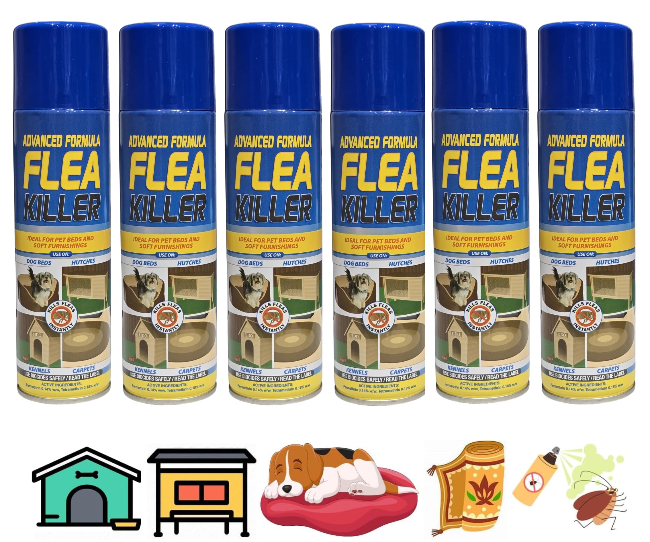 6 x Flea Spray for House Kills Flea Instantly Household Flea treatment for the home Dog Beds Pet Beds Hutches Kennels and Carpets Tick Protection Soft Furnishings 200ml