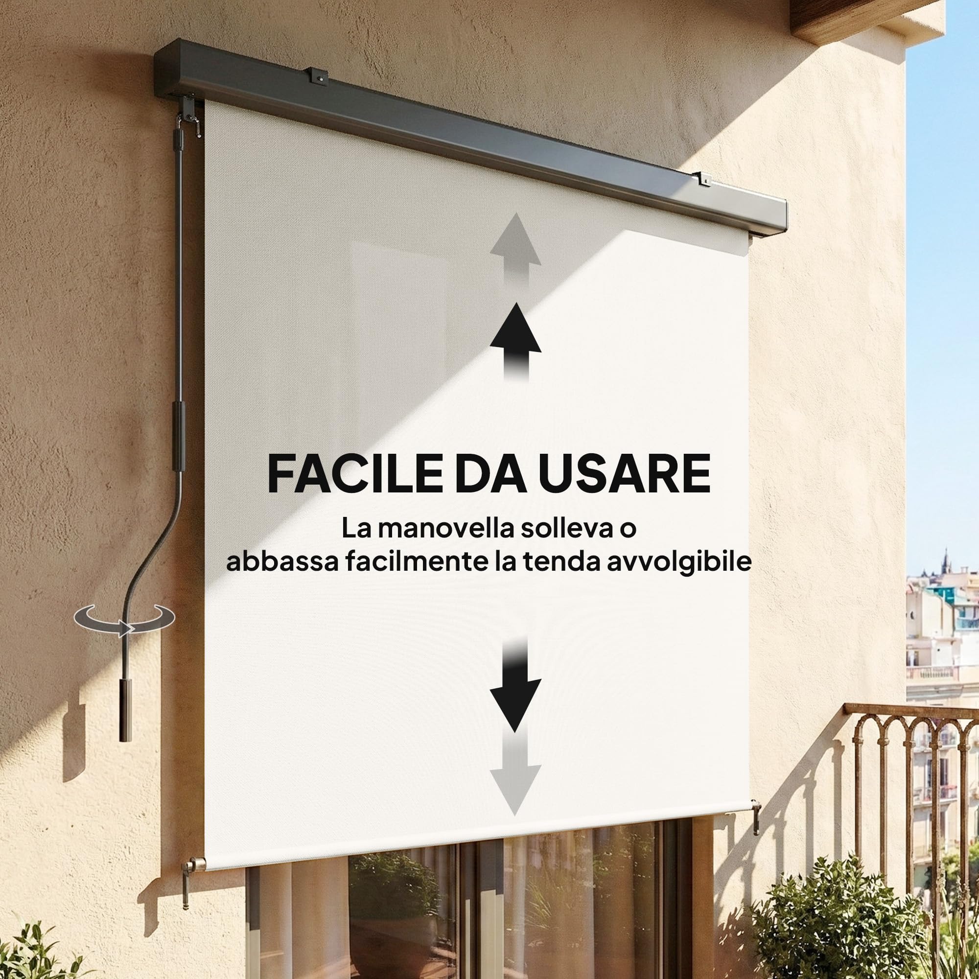 Outsunny Tenda a Rullo Avvolgibile da Esterno Anti-UV con Cassetta in Alluminio e Manovella, Tenda da Sole in Poliestere, 250x160 cm, Bianco Crema