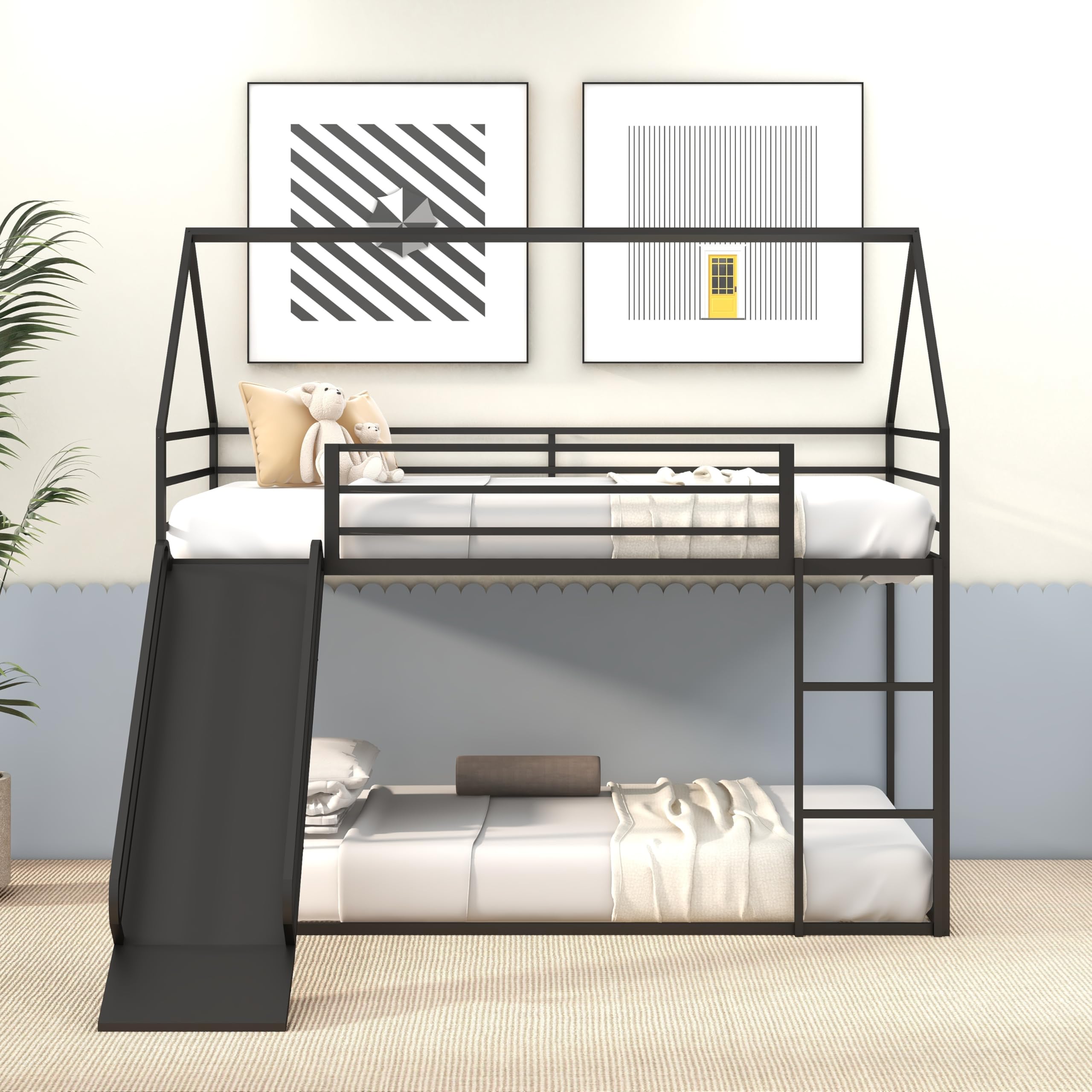 HAUSHECK Twin Over Twin Low Bunk Bed in black finish, featuring a house-shaped frame, a top bunk, a lower floor bunk, and a slide on the side.
