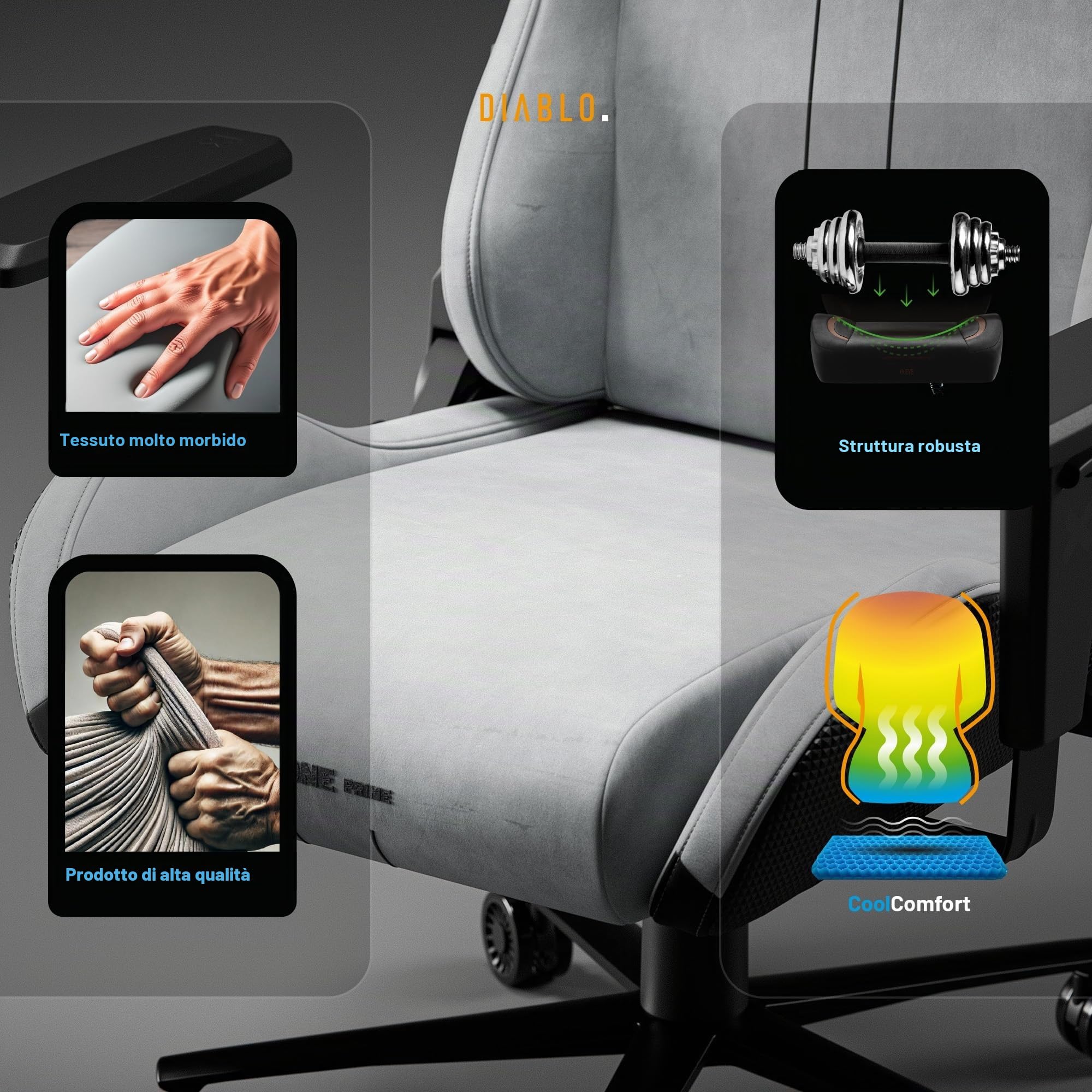 DIABLO X.One Prime Sedia Gaming Tessuto X.One Prime - Poltrona Gaming Ergonomica con Braccioli Regolabili, Cuscino Lombare e Seduta Refrigerante - Base in Metallo - Gaming Chair 140 kg