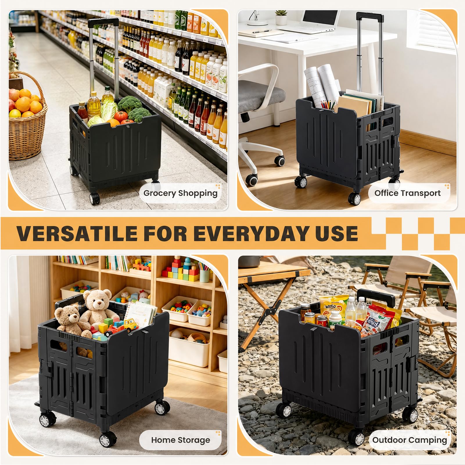 SUNALLY Carrello pieghevole portatile con ruote bloccabili, coperchio, cassetta degli attrezzi pieghevole per la spesa, viaggi, giardino, negozio, ufficio, bagagli, insegnante, nero