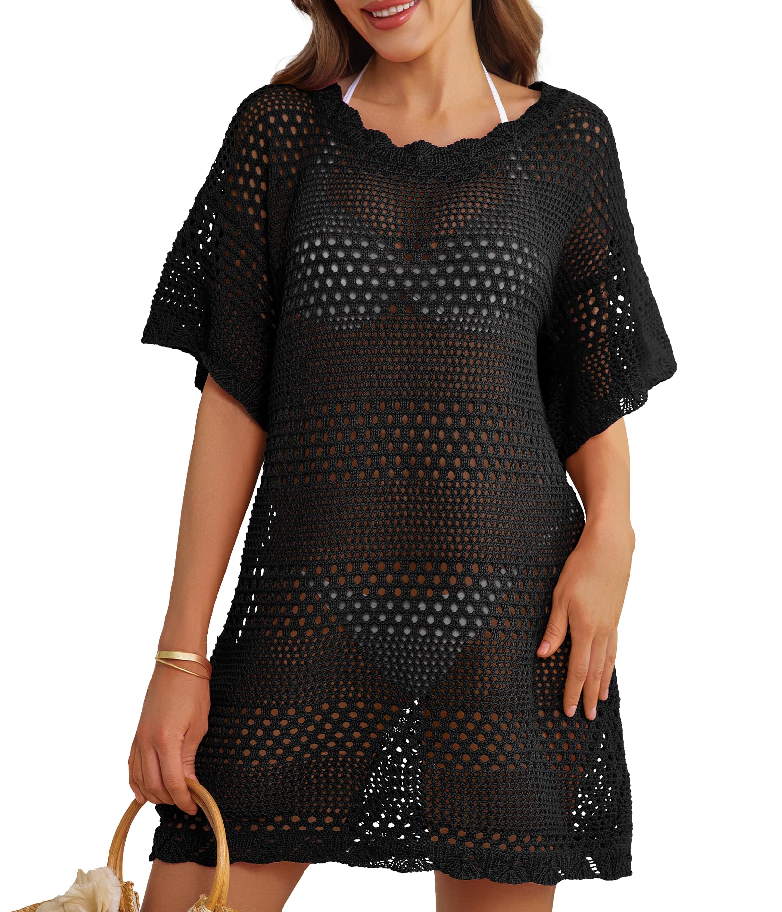 Women Swimsuit Coverup Crochet Bathing Suit Beach Cover Ups Summer Knit Bikini Beachwear Pullover 2025 Swimwear Dress Black