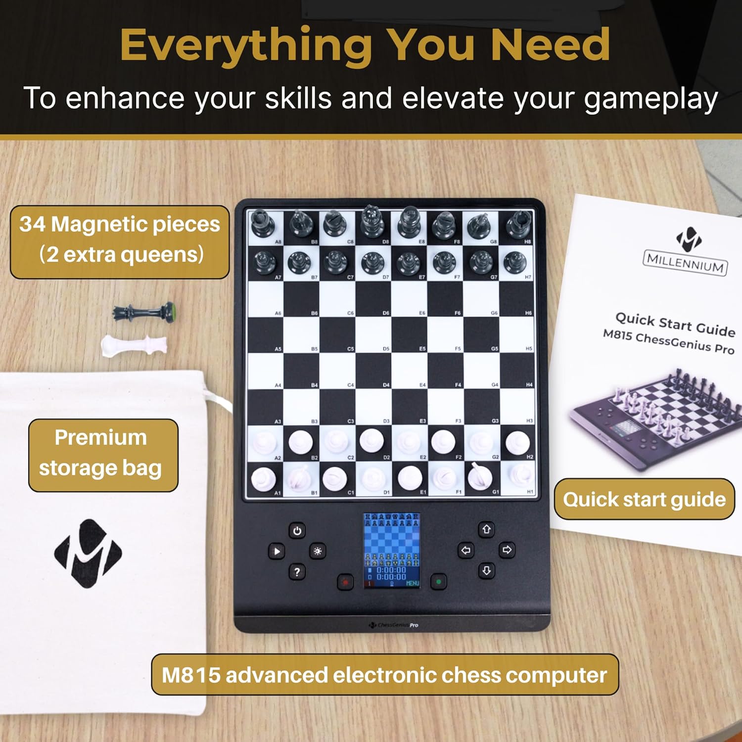 Millennium ChessGenius Pro M815 – Electronic Chess Computer with 2200 ELO Adaptive AI Skill Levels, Color Display, Built-in Trainer, Magnetic Travel Design